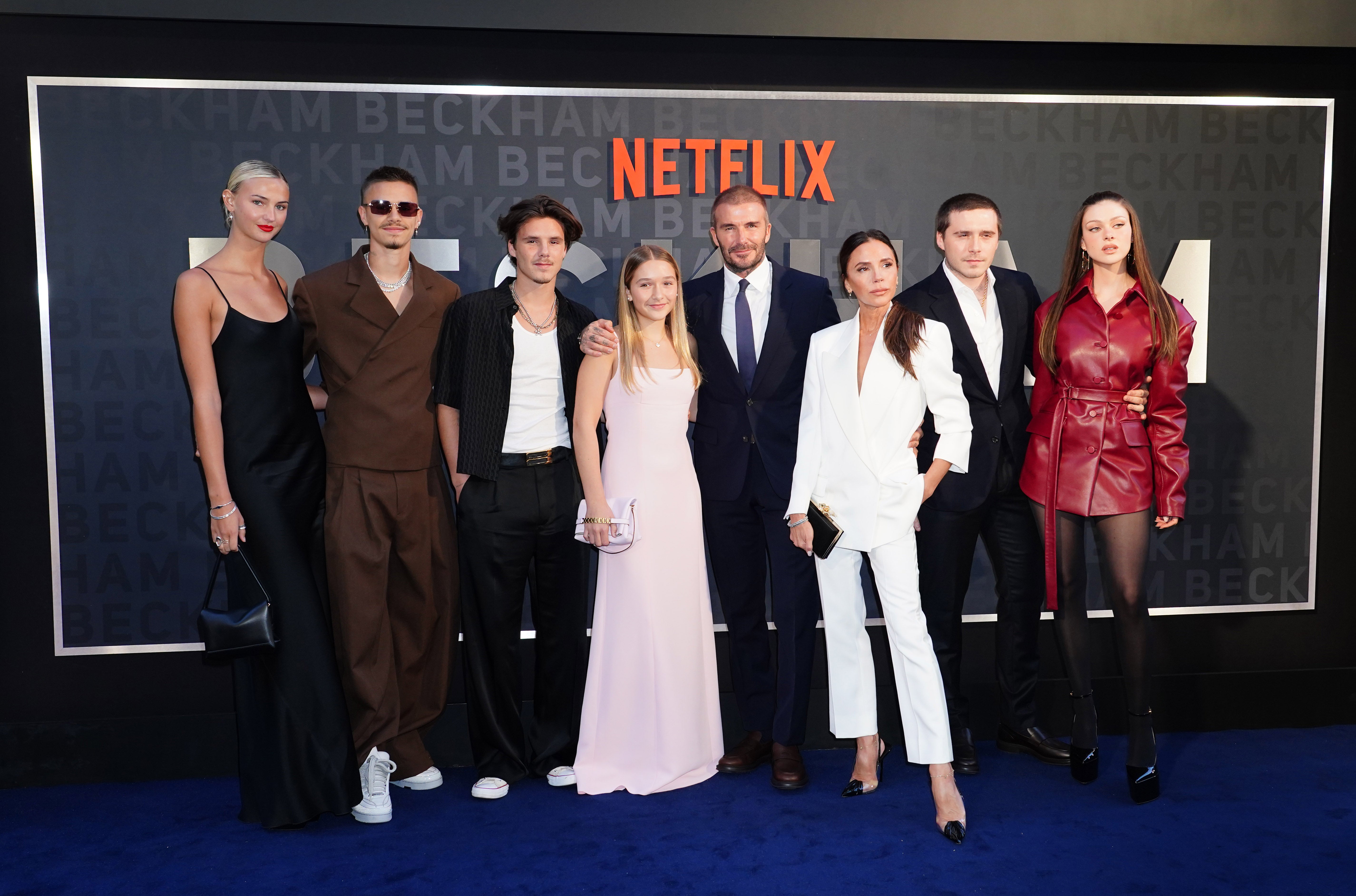 <p>(left to right) Mia Regan, Romeo Beckham, Cruz Beckham, Harper Beckham, David Beckham, Victoria Beckham, Brooklyn Beckham and Nicola Peltz arrive for the premiere of Netflix’s documentary series Beckham at the Curzon Mayfair in London (Ian West/PA)</p>