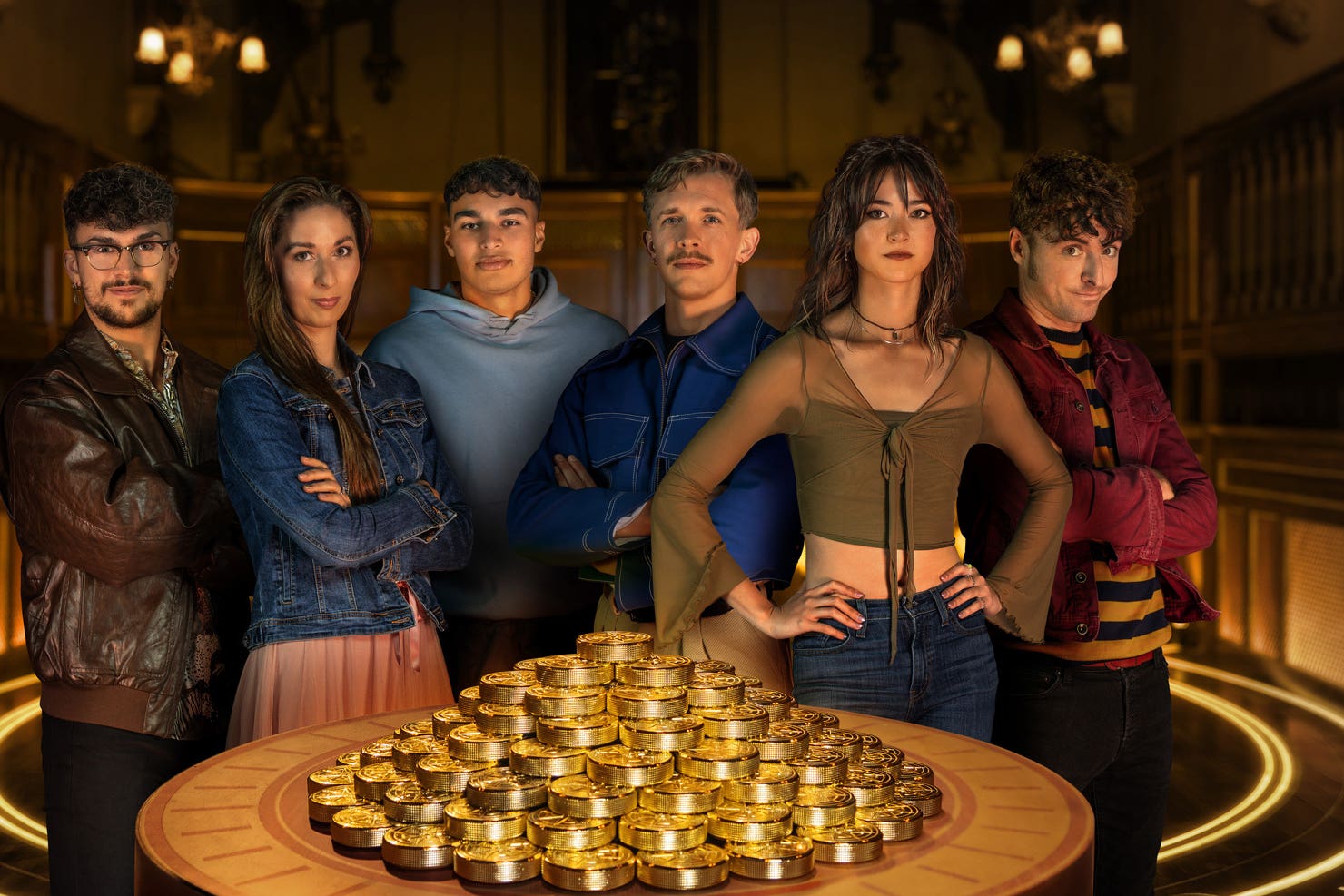 <p>The Traitors’ series four finalists (left to right) Jack, Rachel, Faraaz, Stephen, Jade and James (Studio Lambert/Cody Burridge/Matt Burlem/BBC)</p>