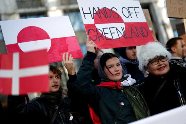 <p>Demonstrators attend a “Hands off Greenland, Trump” rally outside the U.S. Embassy in London</p>