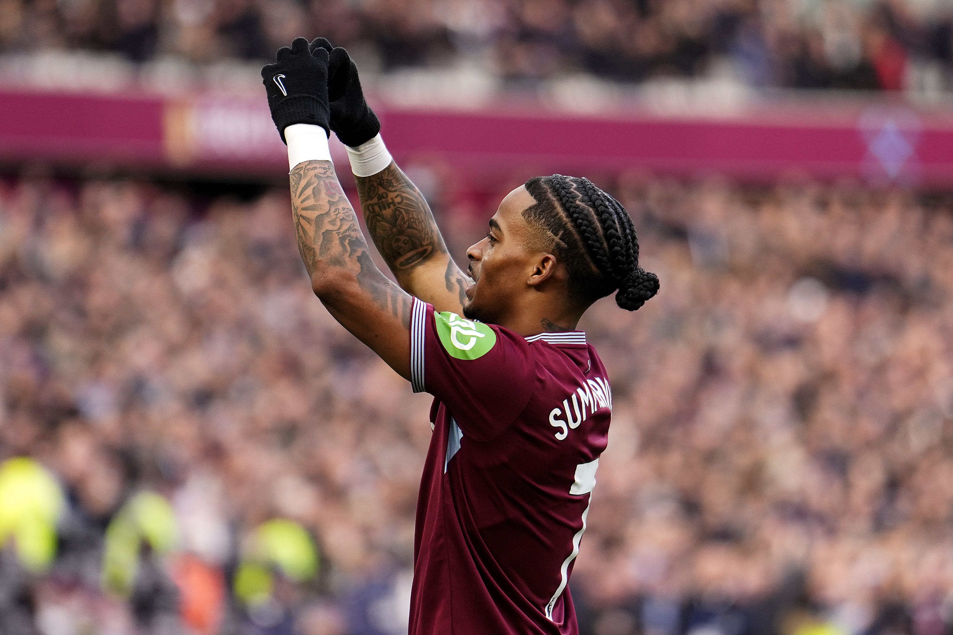 West Ham United’s Crysencio Summerville celebrates (Jordan Pettiitt/PA)