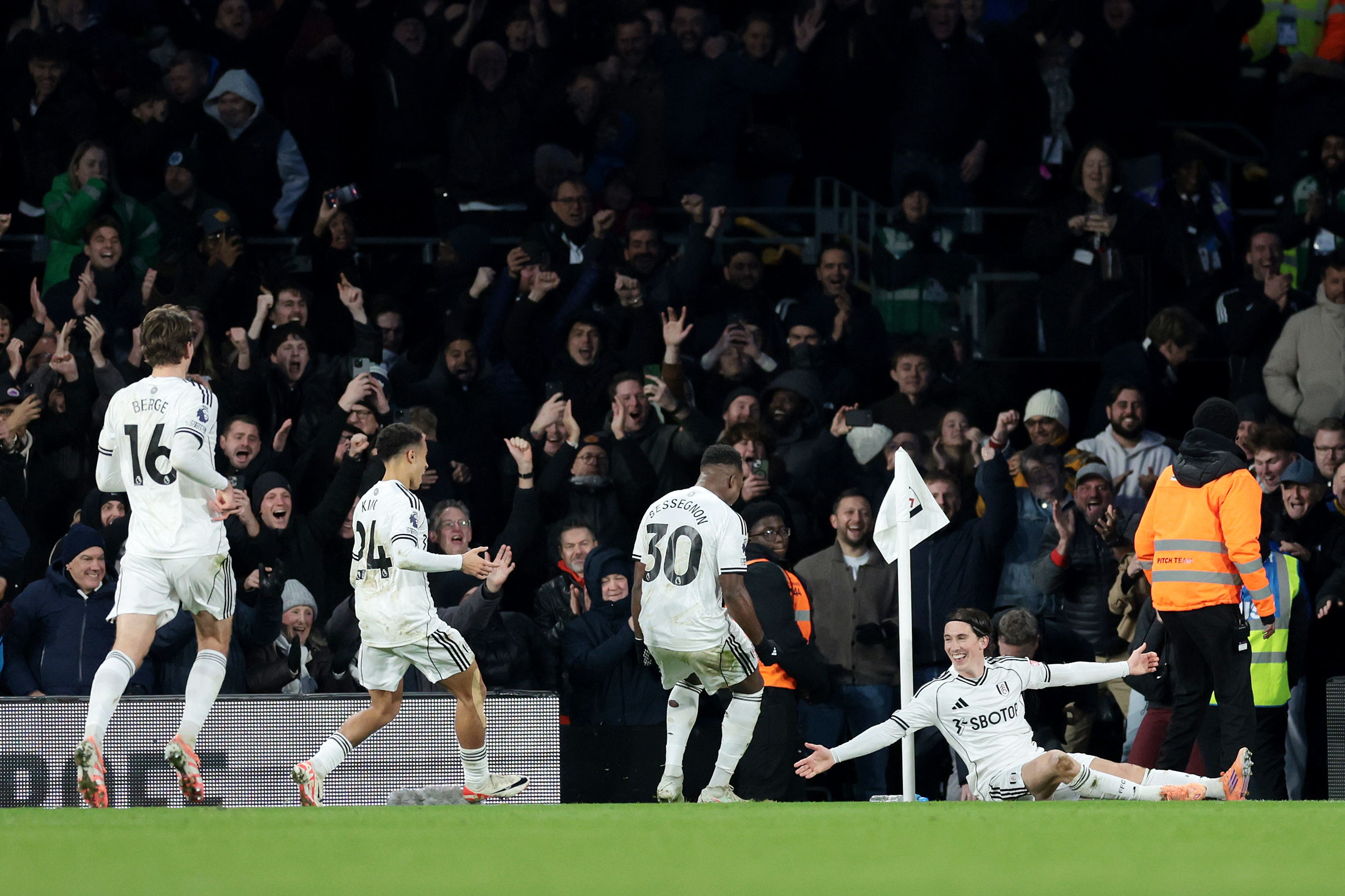Harry Wilson (right) celebrates scoring Fulham’s later winner (Steven Paston/PA)