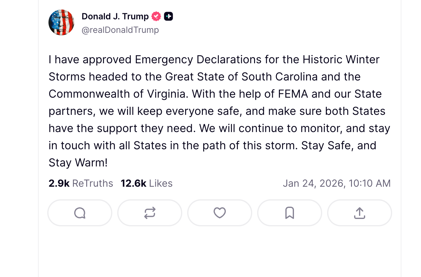 President Donald Trump approves emergency declarations for South Carolina and Virginia