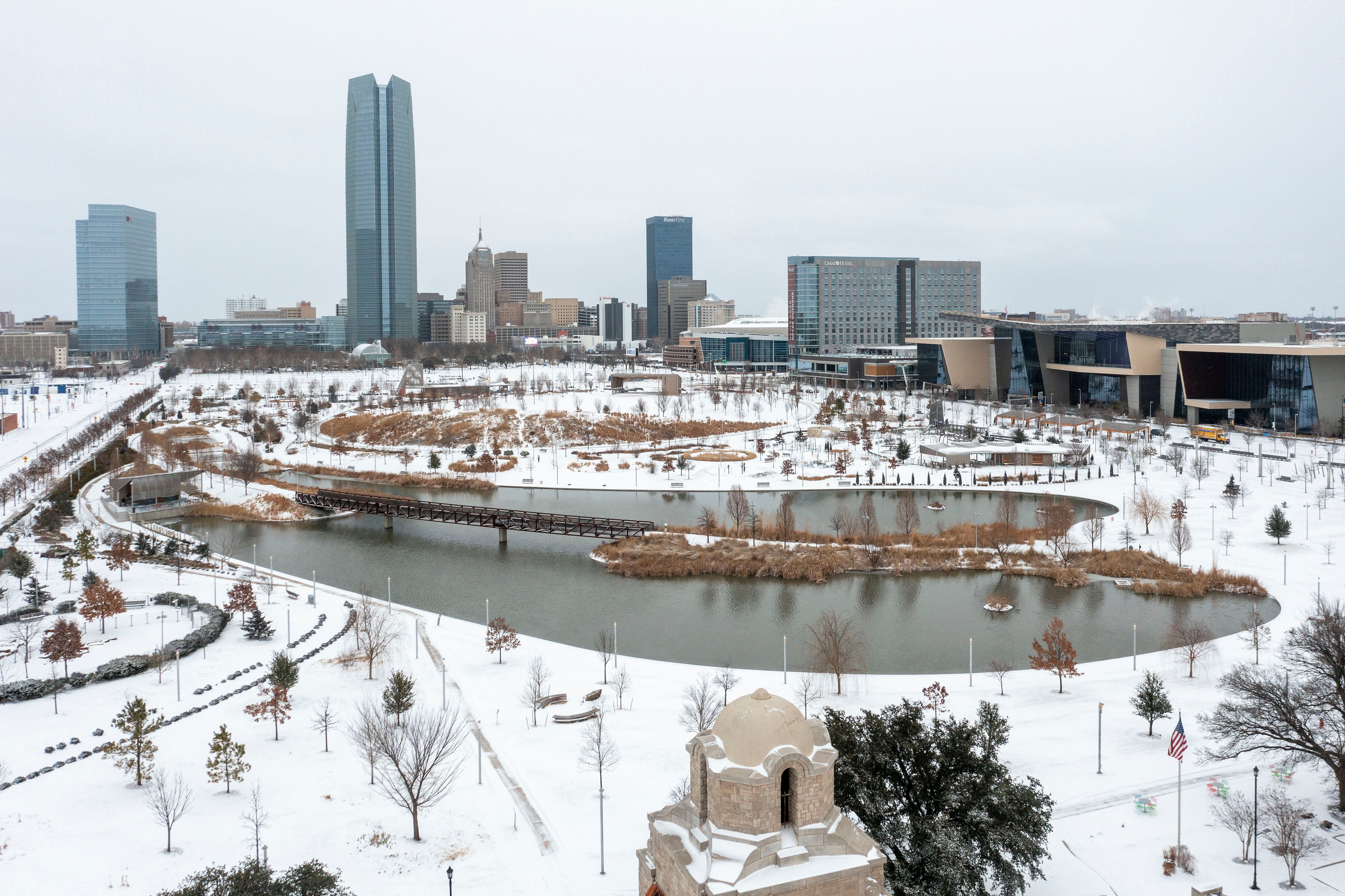 An aerial view of snowfall in downtown Oklahoma City on Saturday, Jan. 24, 2026