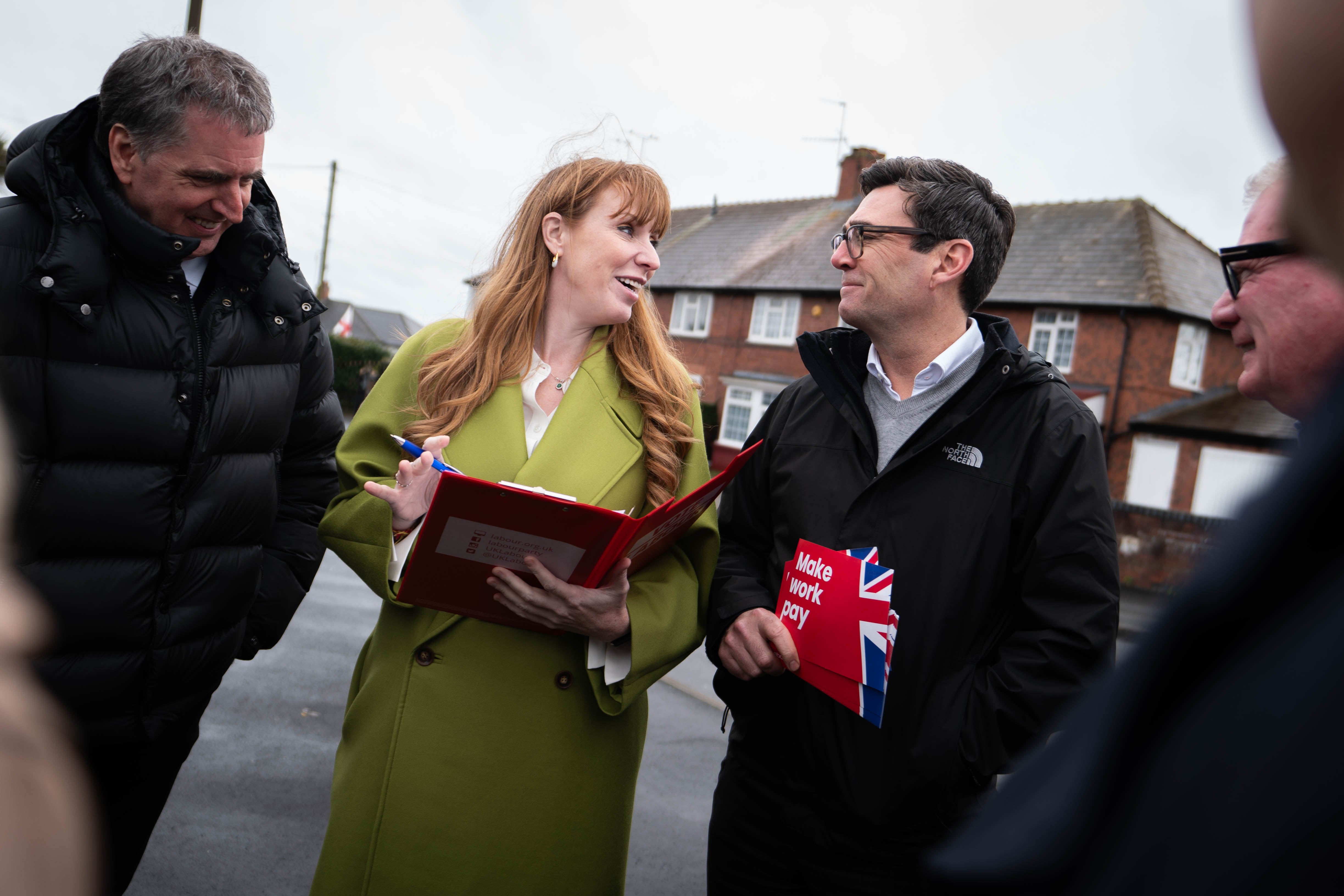 Angela Rayner in 2024 out canvassing on the streets of Birmingham during meeting meeting with Labour mayors, including Andy Burnham (right), and mayoral candidates.
