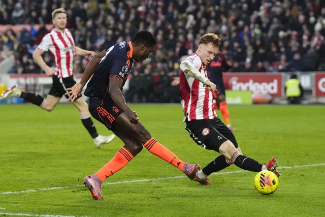 Taiwo Awoniyi scores Forest’s second goal at Brentford (Nick Potts/PA)
