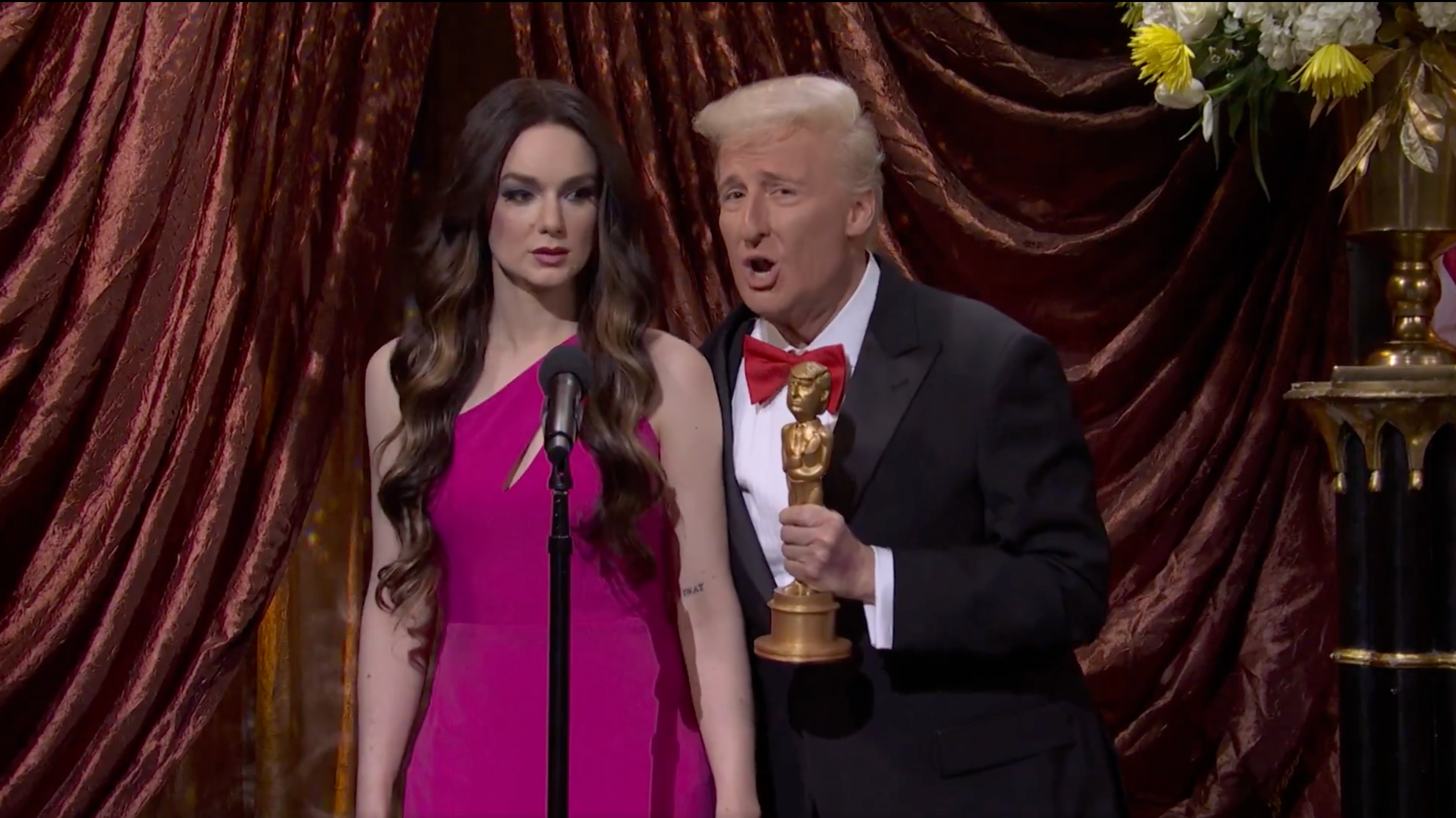 President Trump stole the award for best kiss — of his rear end — from DHS Secretary Kristi Noem as part of the opening sketch