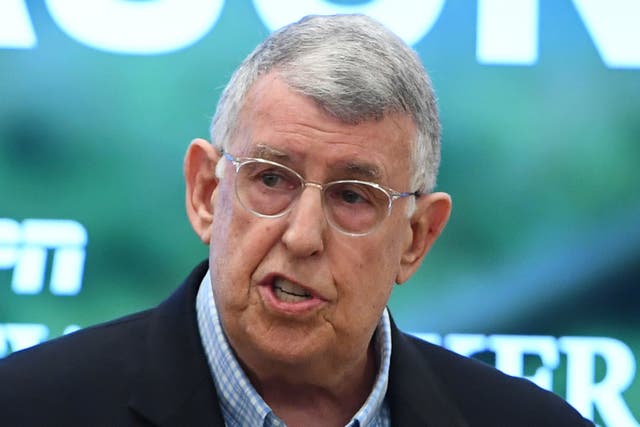 <p>This photo provided by ESPN Images shows Geoffrey Mason speaking to ESPN employees in 2017, in Bristol, Conn</p>