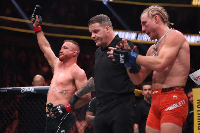 <p>Paddy Pimblett (right) after his decision loss to Justin Gaethje</p>