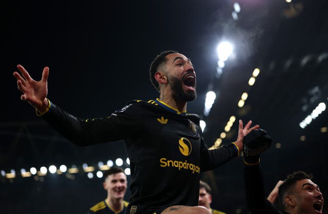 <p>Matheus Cunha celebrates after scoring Man United's winning goal at Arsenal</p>