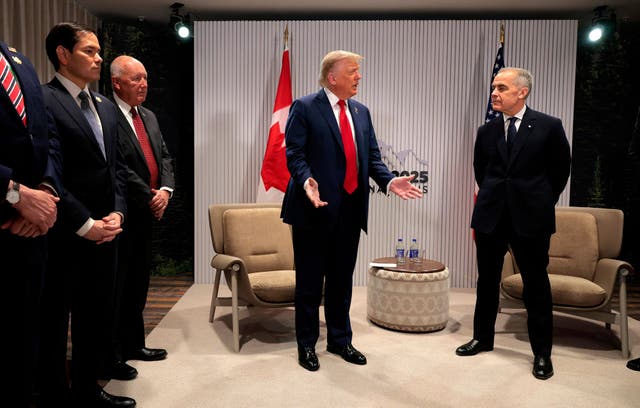 <p>President Donald Trump and Canadian Prime Minister Mark Carney hold a bilateral meeting during the G7 Leaders' Summit on June 16, 2025 in Kananaskis, Alberta</p>
