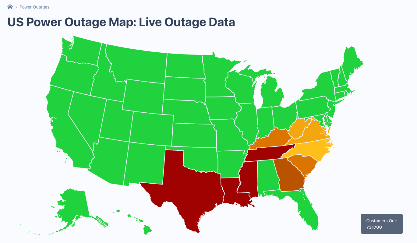 Live data on Monday morning showed more than 700,000 customers without power.