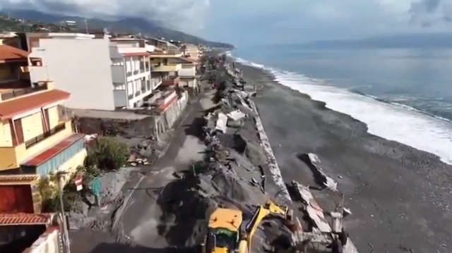 <p>Drone shot of Santa Teresa Di Riva Coastline following storm damage</p>