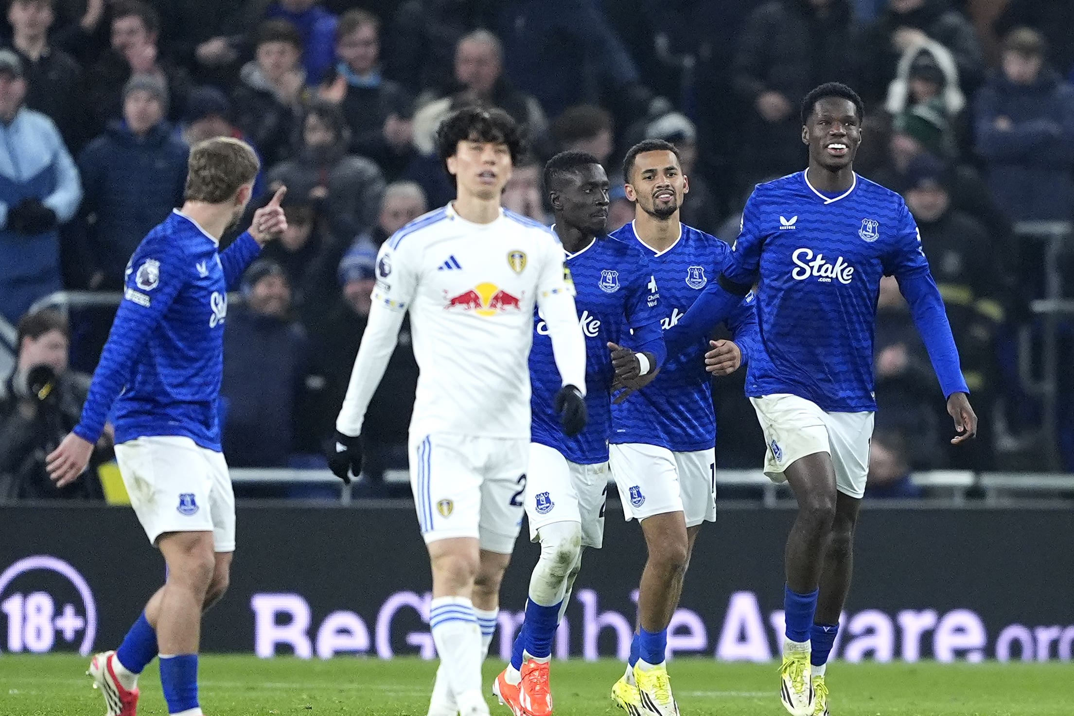 Thierno Barry, right, celebrates his equaliser against Leeds (Peter Byrne/PA)