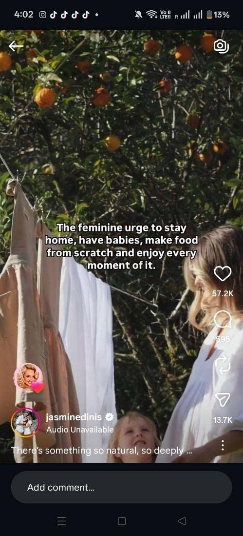 Screenshots of jasminedinis’s Instagram reel talking about ‘the feminine urge to stay home’