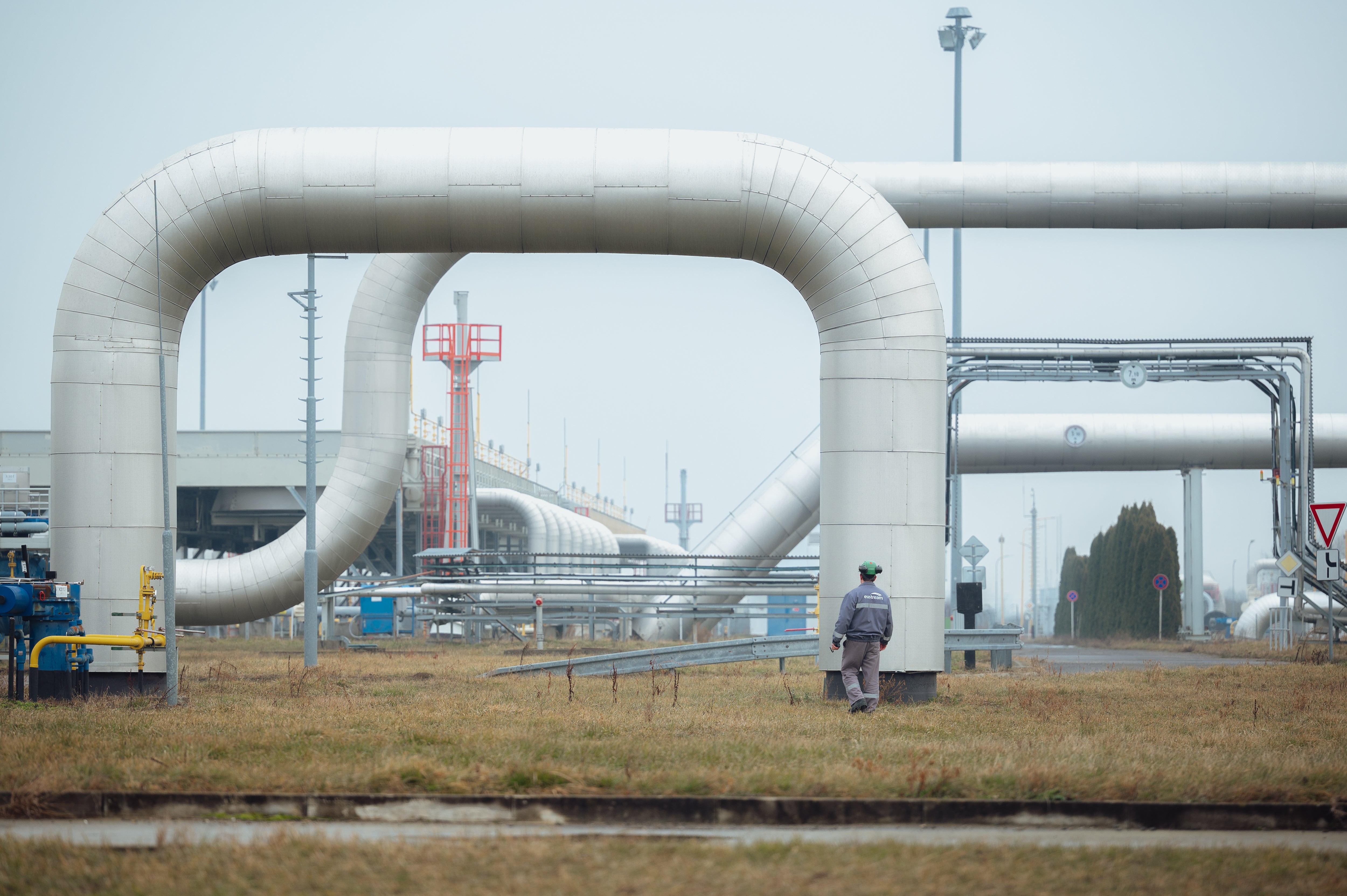 A worker carries out maintenance tasks at the Eustream gas facility in Velke Kapusany, Slovakia