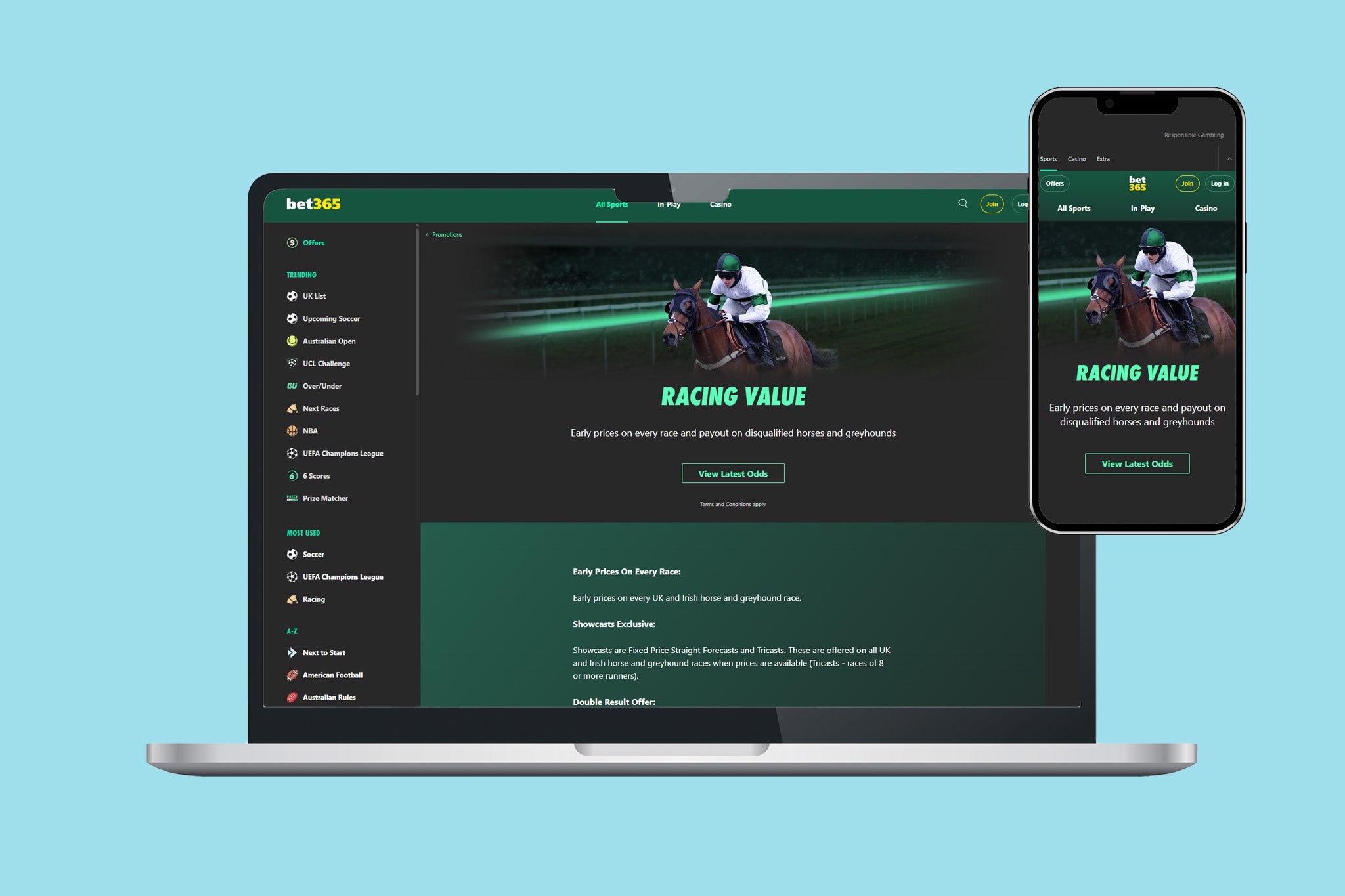 Bet365 customers can get up to £10 back as a free bet on losing racing and football bets