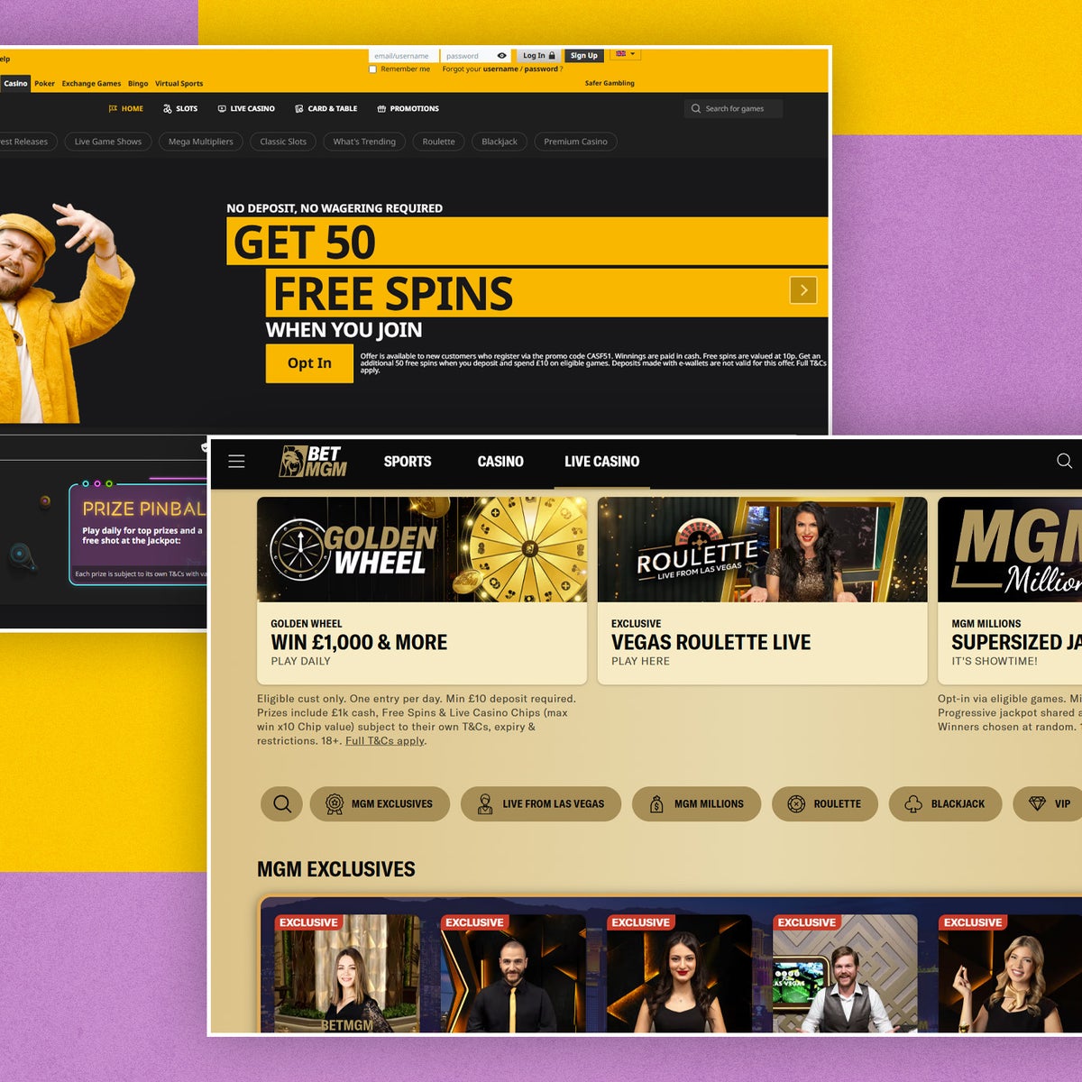 Interfaz de casino online en Betfair