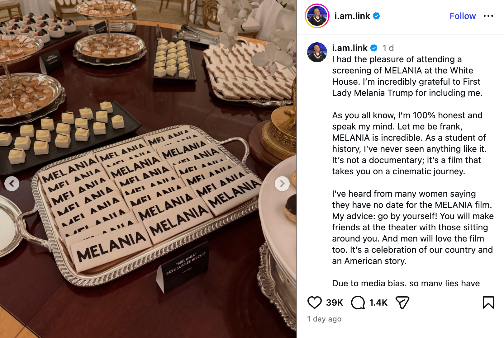 Spreads were filled with monochromatic sweet treats, including cookies bearing the name ‘MELANIA’