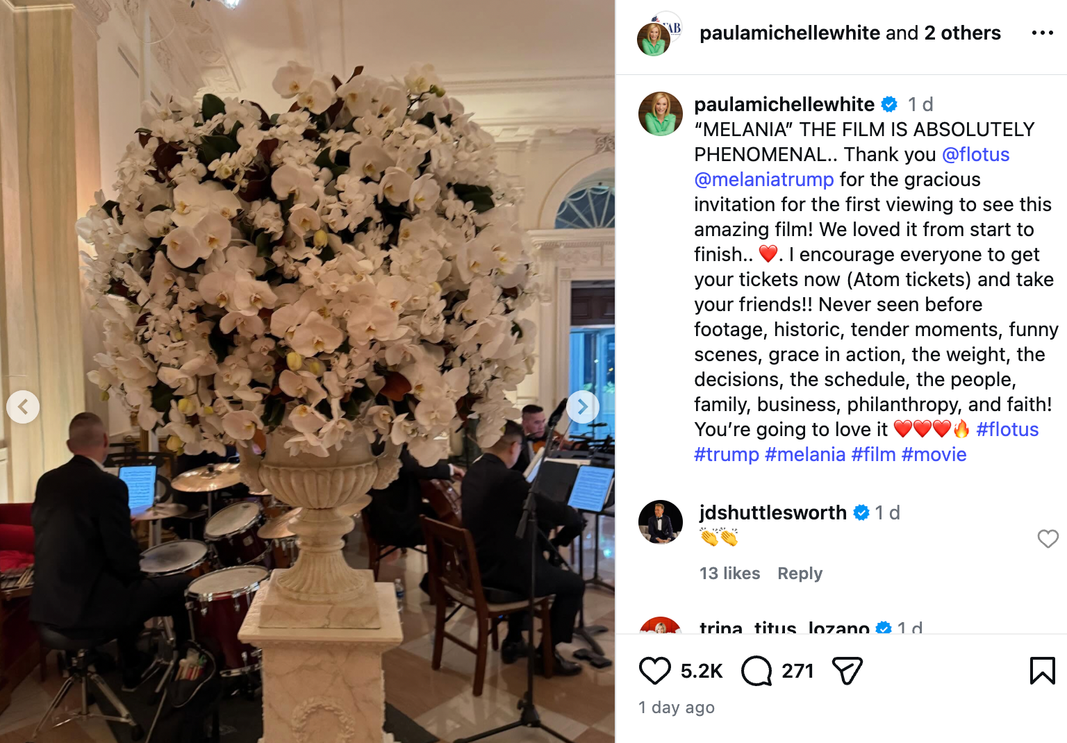 An orchestra played the film’s theme song, ‘Melania’s Waltz’, to event attendees