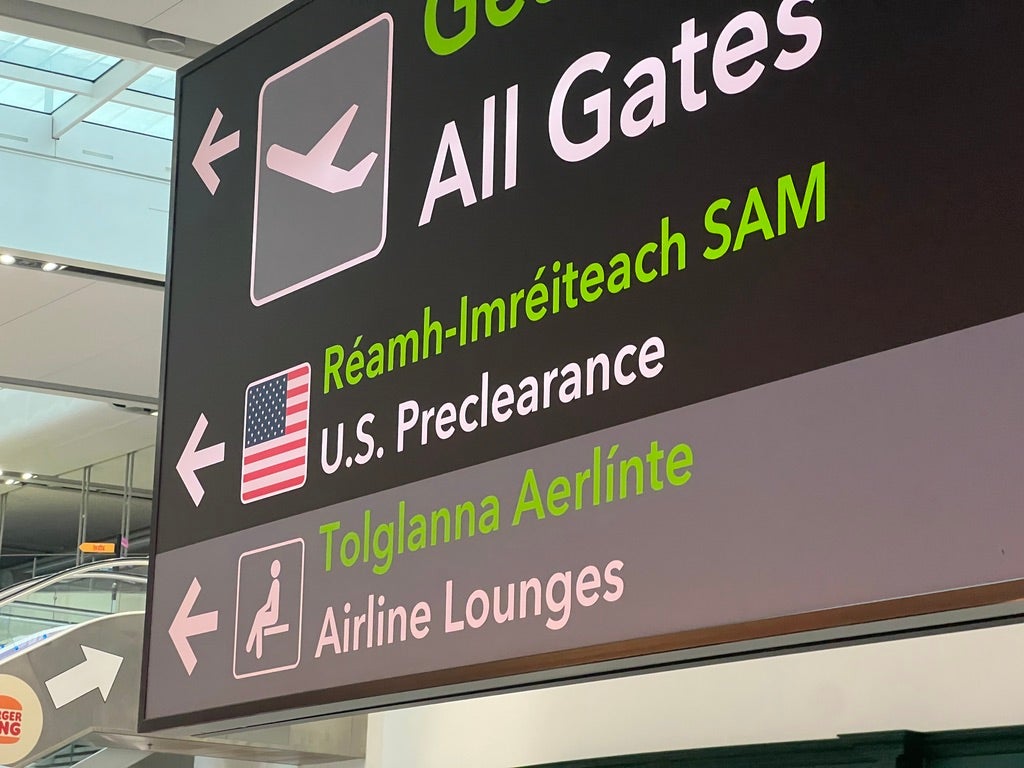 <p>Going west? Signs at Dublin airport for US preclearance</p>