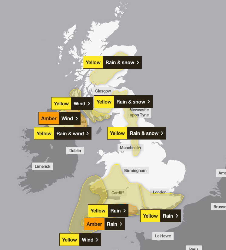 There are numerous amber and amber weather warnings in place across the UK