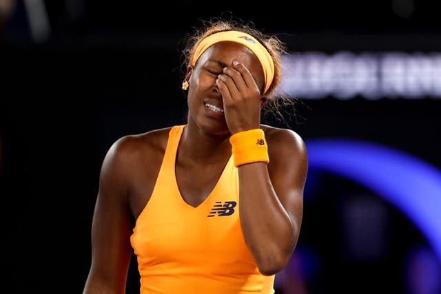<p>Coco Gauff looked distressed as the errors piled up in defeat </p>