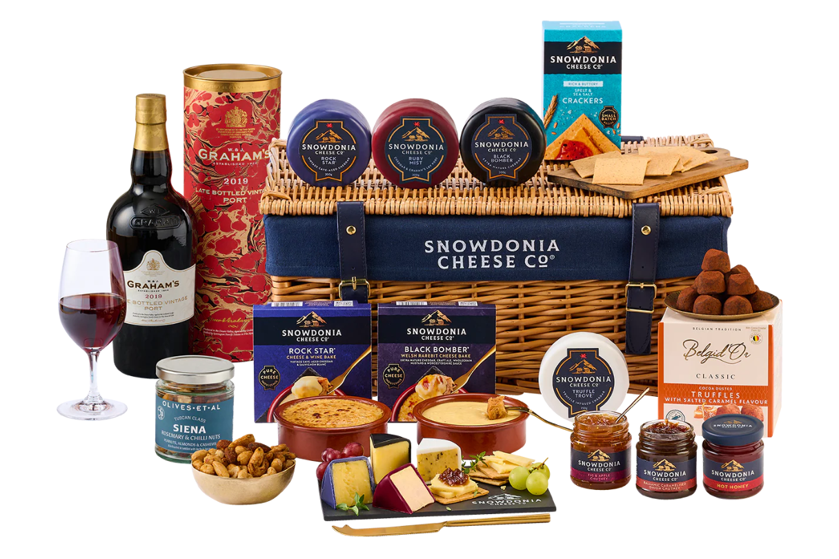 Snowdonia Cheese Co cheese and port wicker hamper