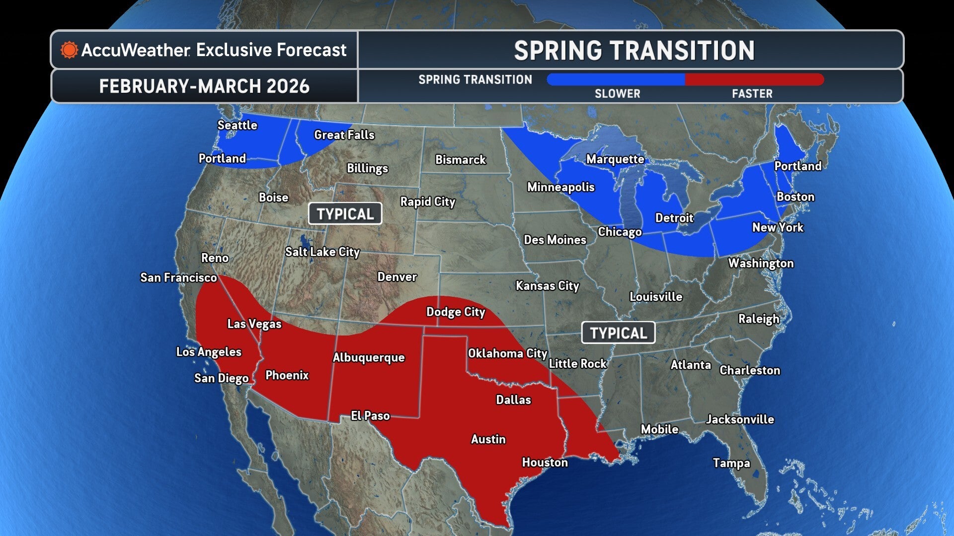 An AccuWeather forecast map shows which U.S. states will see a slower or faster transition to spring across the country, with red marking the fastest transition and blue indicating the slowest between February and March