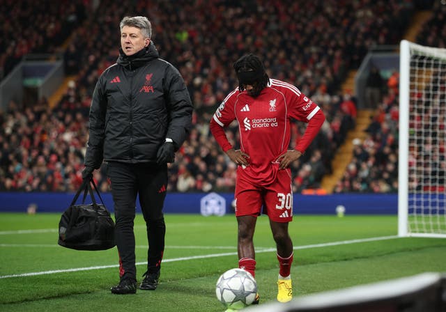 <p>Jeremie Frimpong limped out of Liverpool’s Champions League win over Qarabag</p>