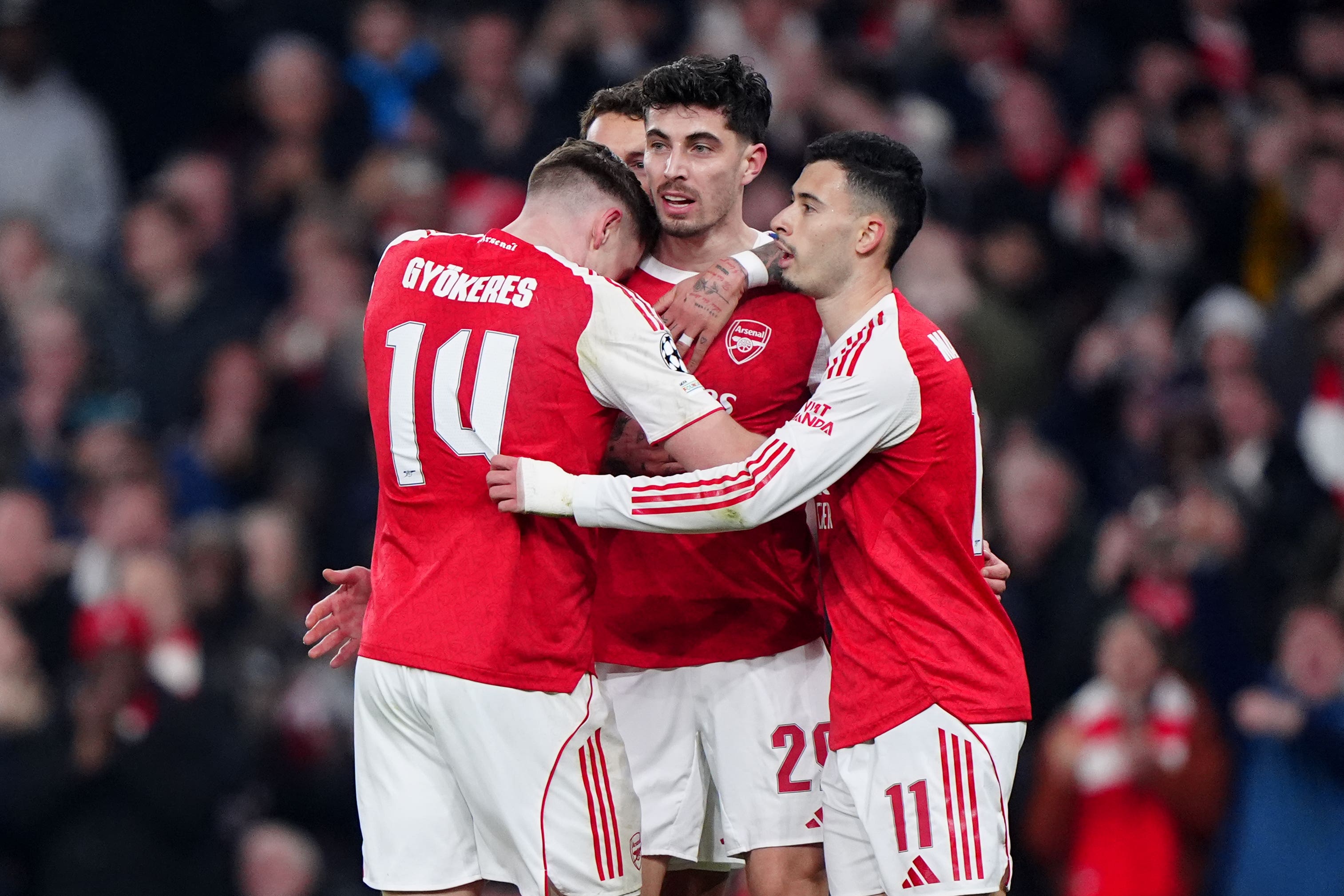 <p>Arsenal’s Kai Havertz (centre) celebrates after scoring his side’s second goal </p>