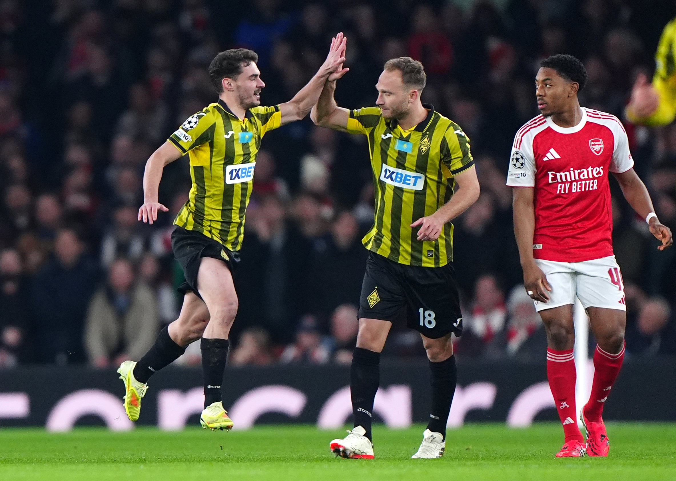 Kairat’s Jorge Jorginho (left) celebrates with team-mate Dan Glazer (Bradley Collyer/PA)