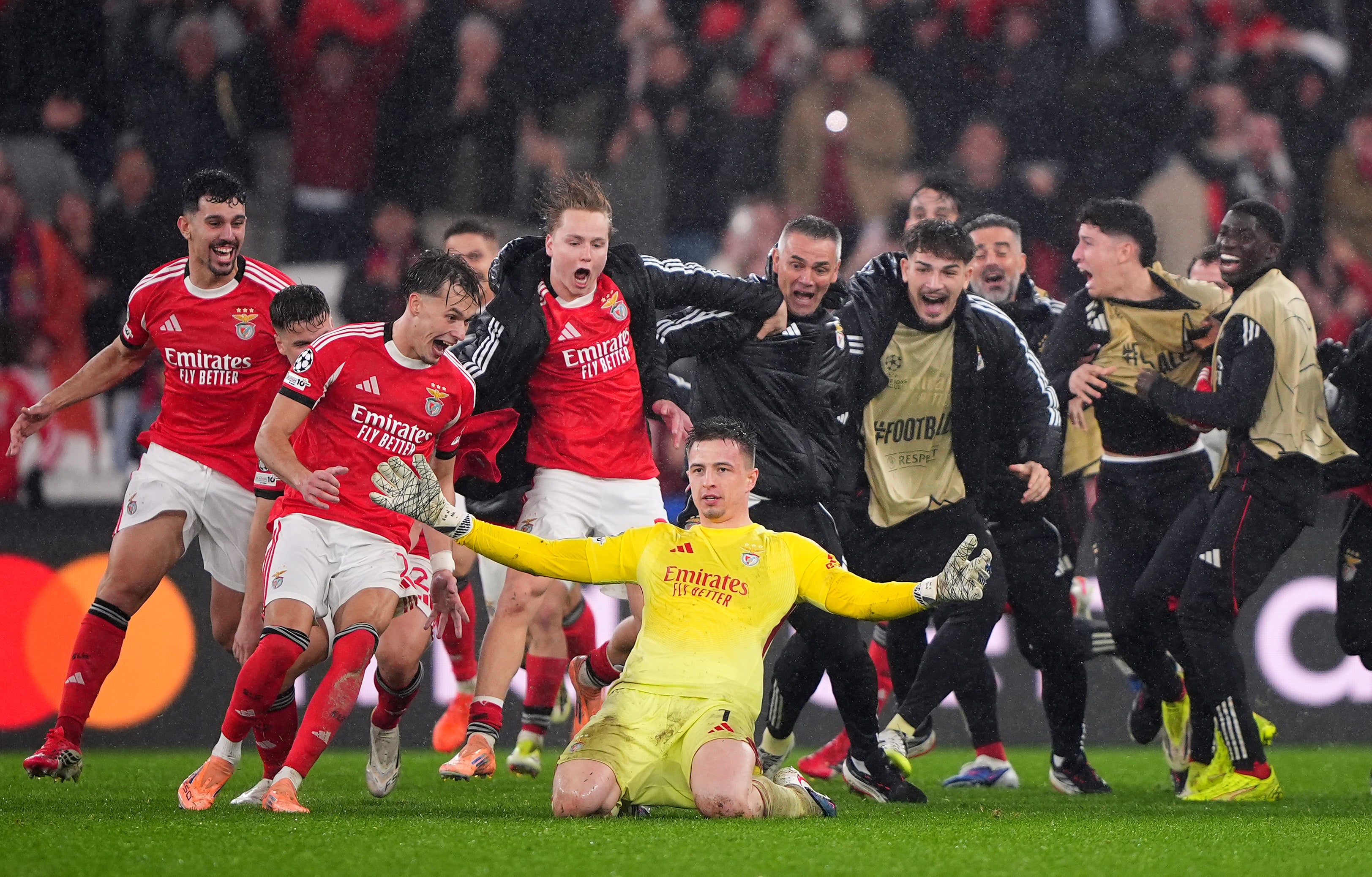 <p>Anatoliy Trubin celebrates after scoring in the 98th minute for Benfica</p>
