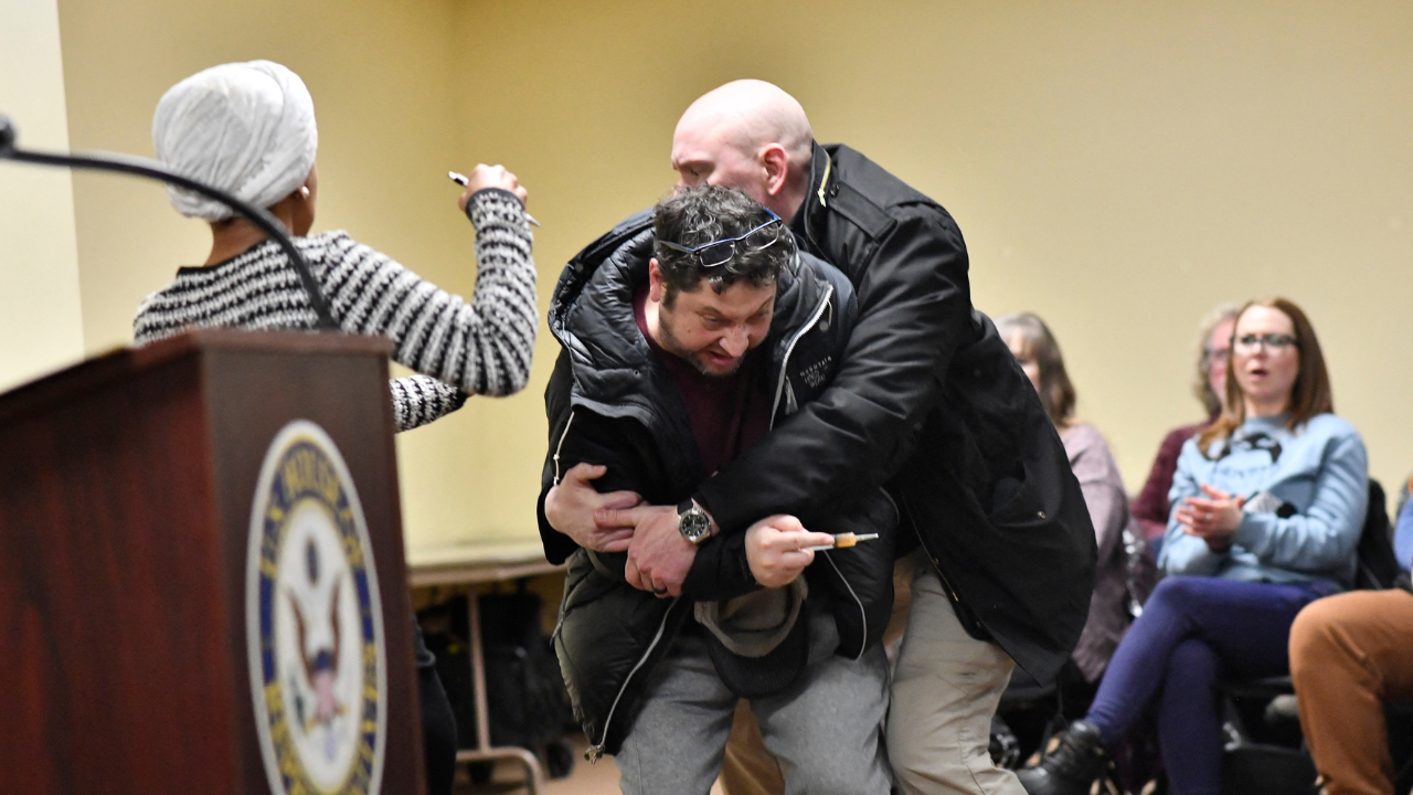 <p>Ilhan Omar continues town hall after being attacked by man with unknown substance</p>