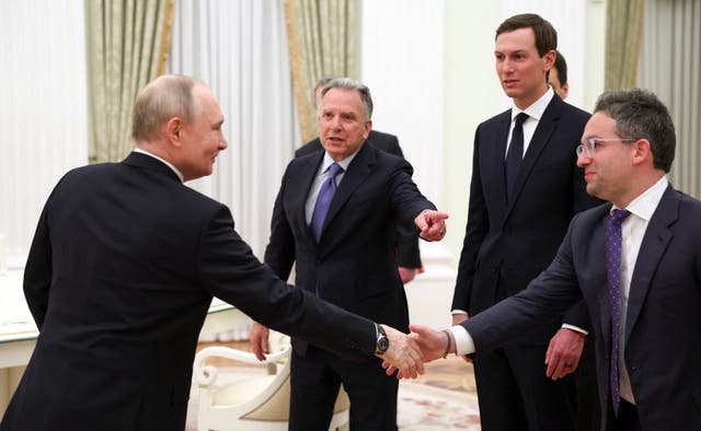 <p>Vladimir Putin welcomes US special envoy Steve Witkoff and US president Donald Trump’s son-in-law Jared Kushner</p>