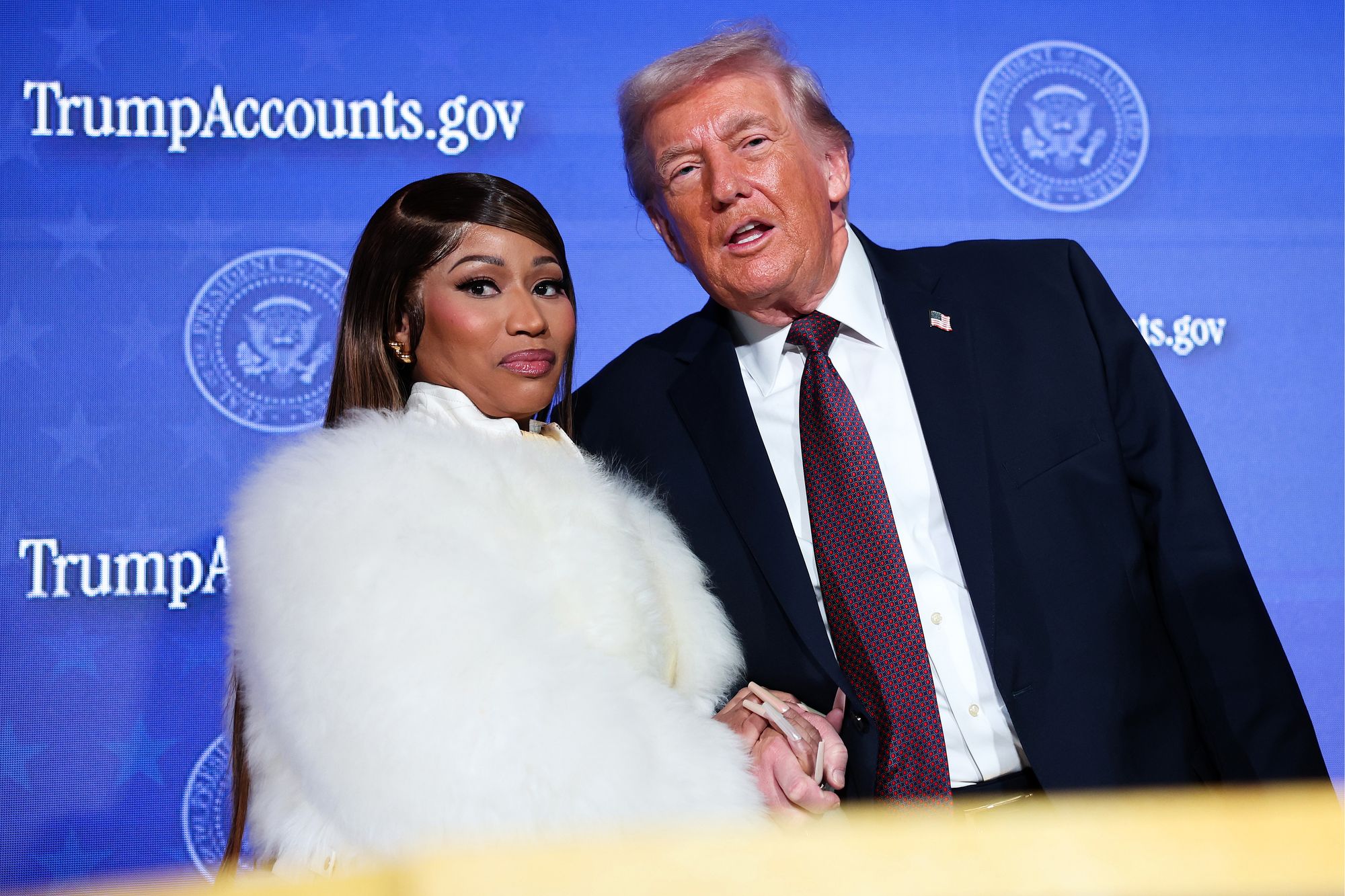 <p>Nicki Minaj was gifted a Trump Gold Card during her recent appearance at the president's Treasury Department's Trump Accounts Summit </p>