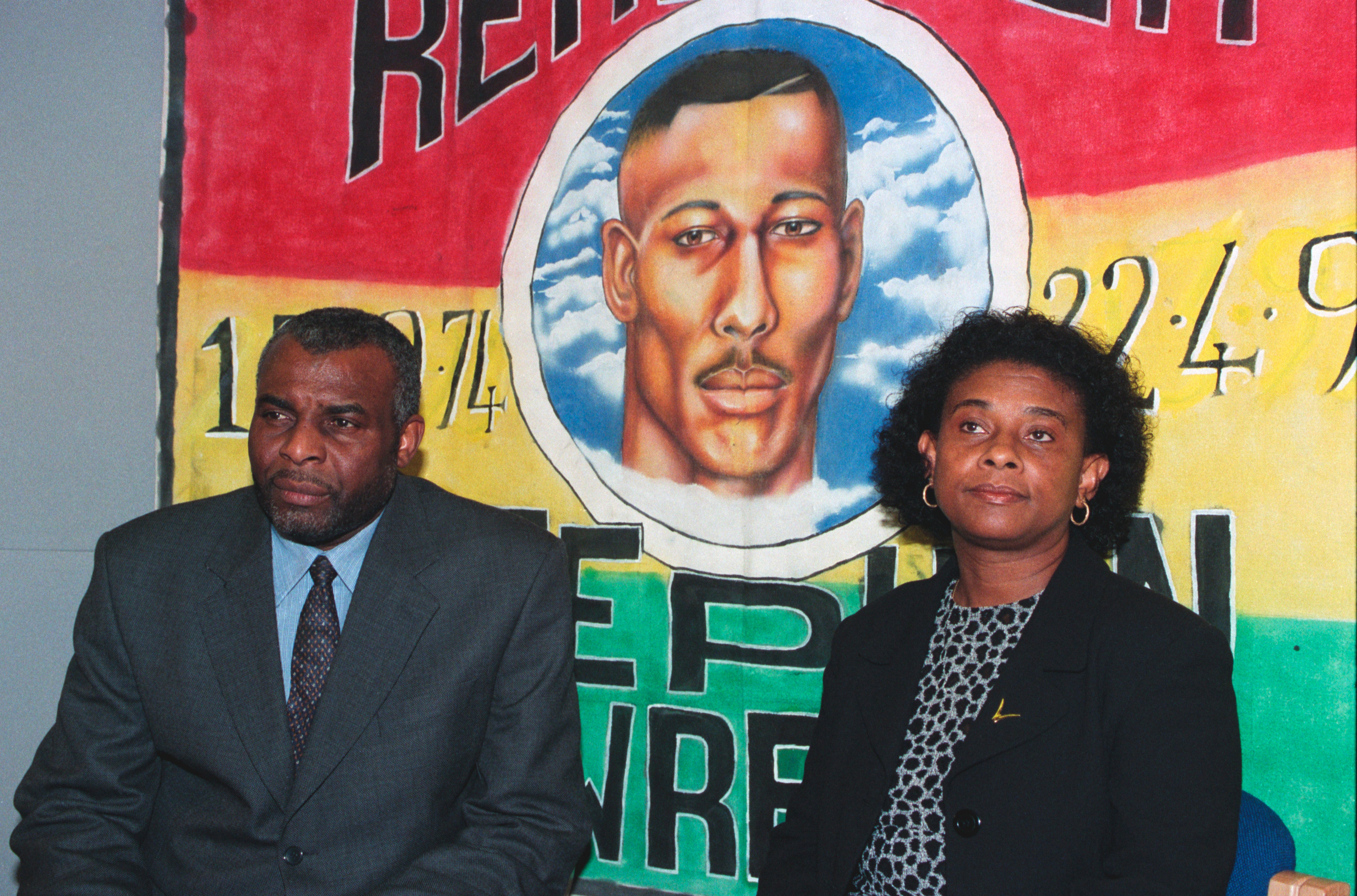 Doreen and Neville Lawrence, parents of Stephen, during a news conference in 1999 at the Home Office after hearing the outcome of the judicial inquiry into their son’s death