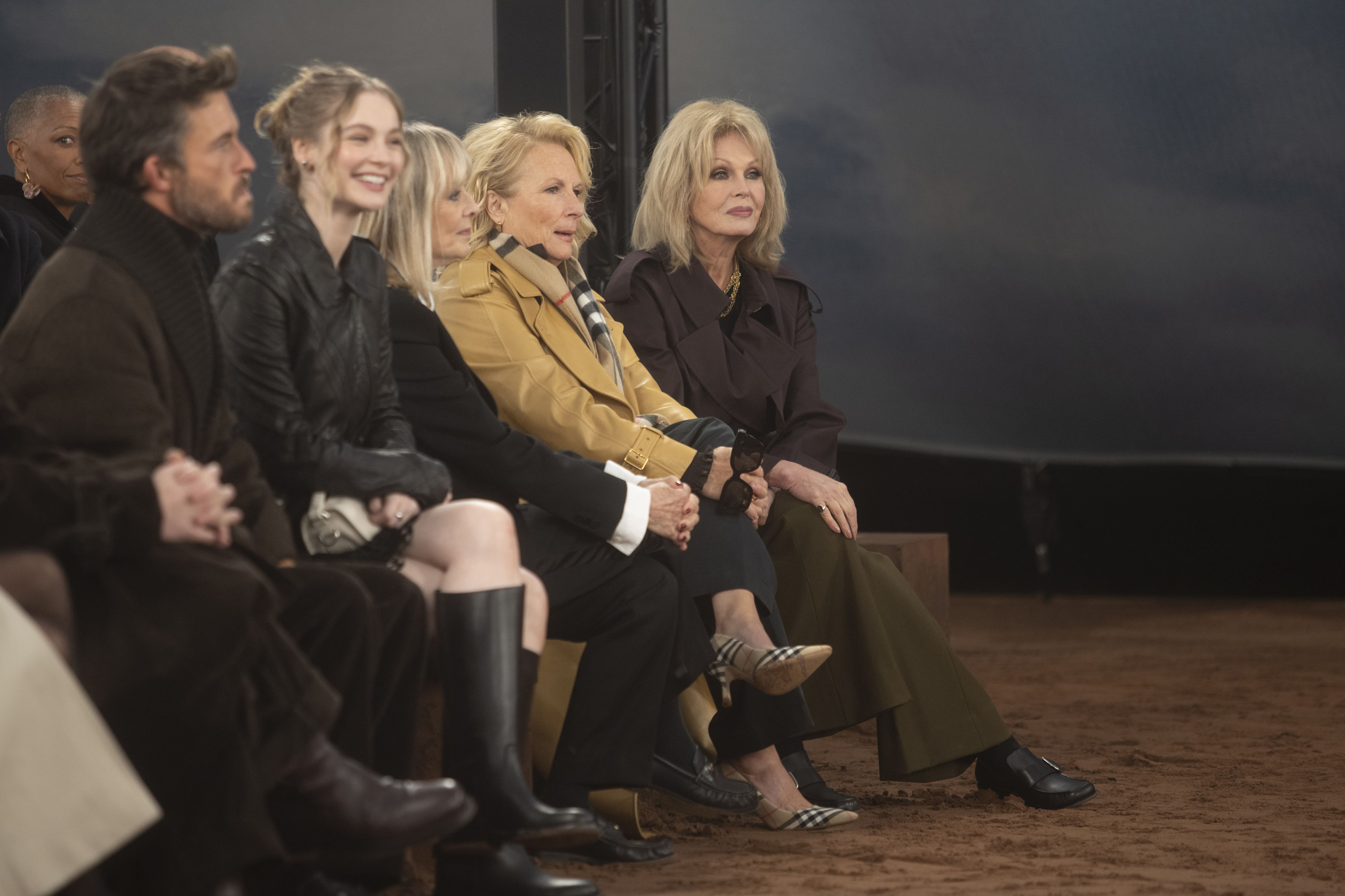 L to R: Jonathan Bailey, Hannah Dodd, Twiggy, Jennifer Saunders and Joanna Lumley on the Front Row at London Fashion Week last September (Jeff Moore/PA)