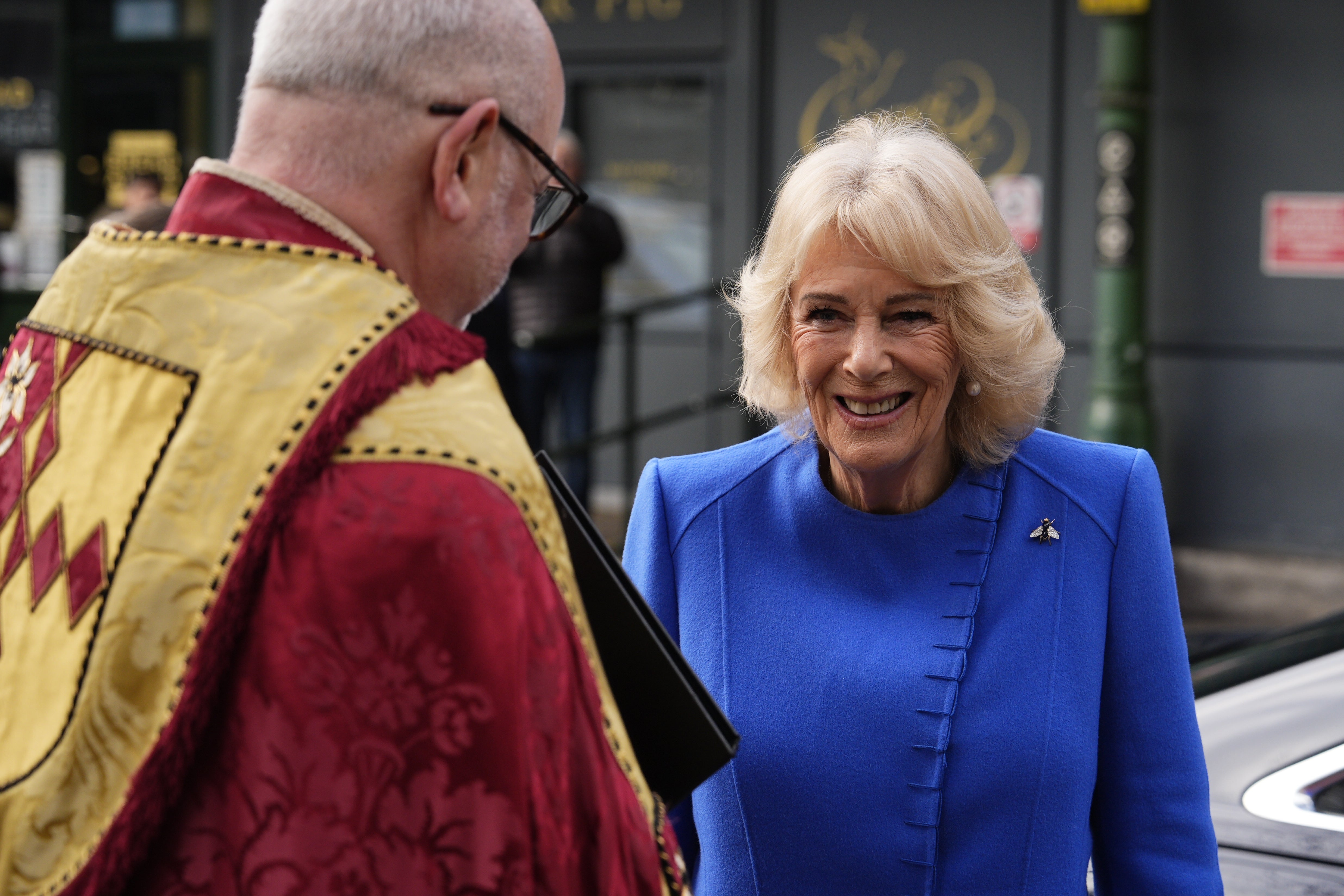 <p>Queen Camilla arrives for a service of thanksgiving for Dame Jilly Cooper (Aaron Chown/PA)</p>