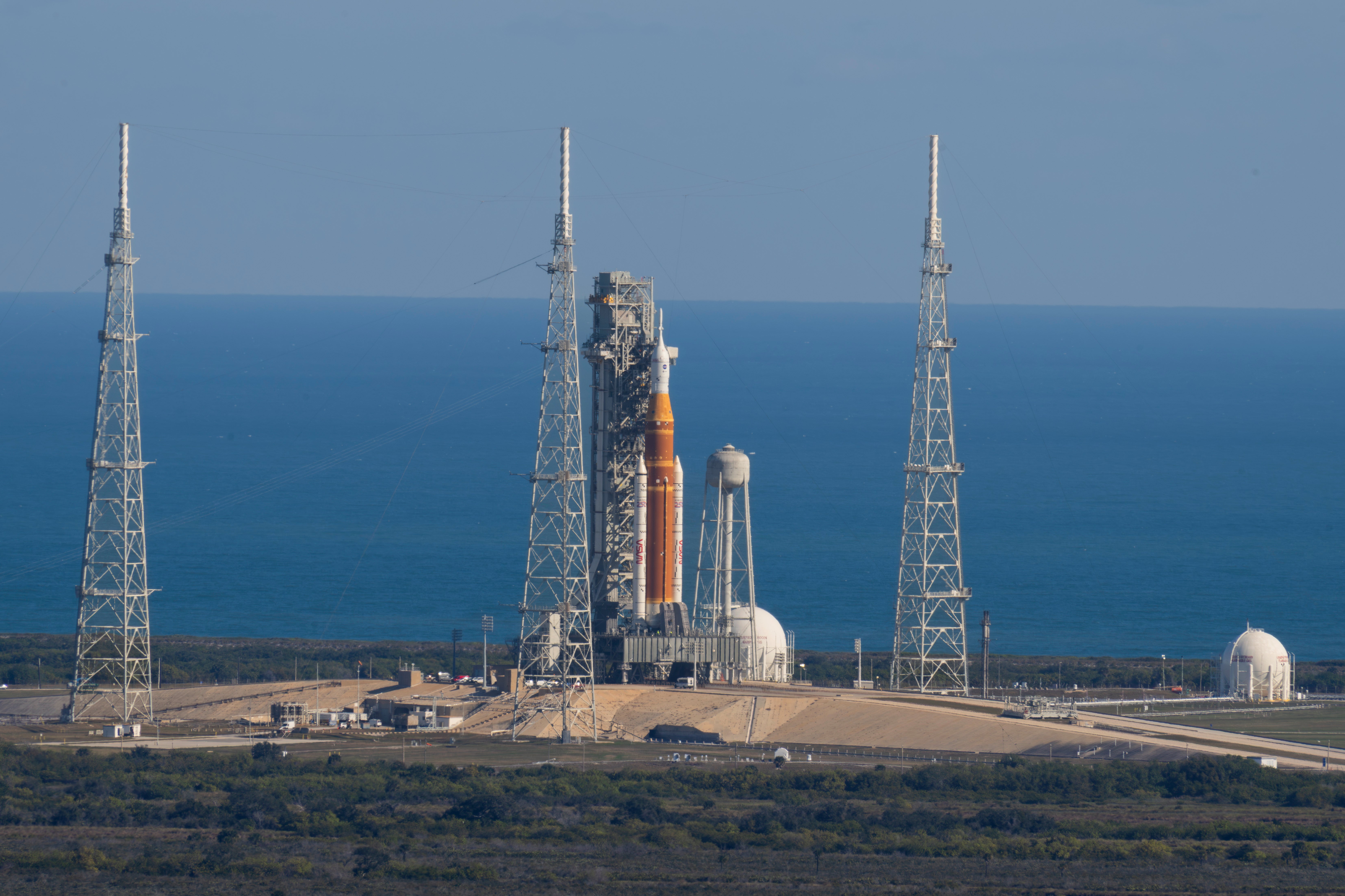 The Artemis II SLS (Space Launch System) rocket with the Orion spacecraft atop a mobile launcher at Launch Complex 39B, on 29 January, 2026, at Nasa's Kennedy Space Center in Florida