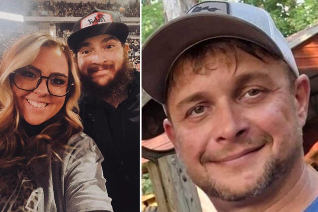 <p>Kailagh White, left, with her husband Aaron White. Their 2024 wedding turned deadly after Kailagh’s stepfather, Jason Maughon, right, was killed in a gun fight  just hours after the ceremony</p>