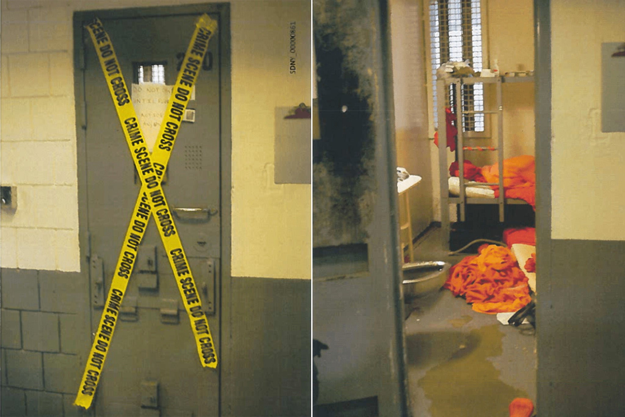 Uma imagem mostra uma porta selada com fita adesiva e uma placa que diz: 