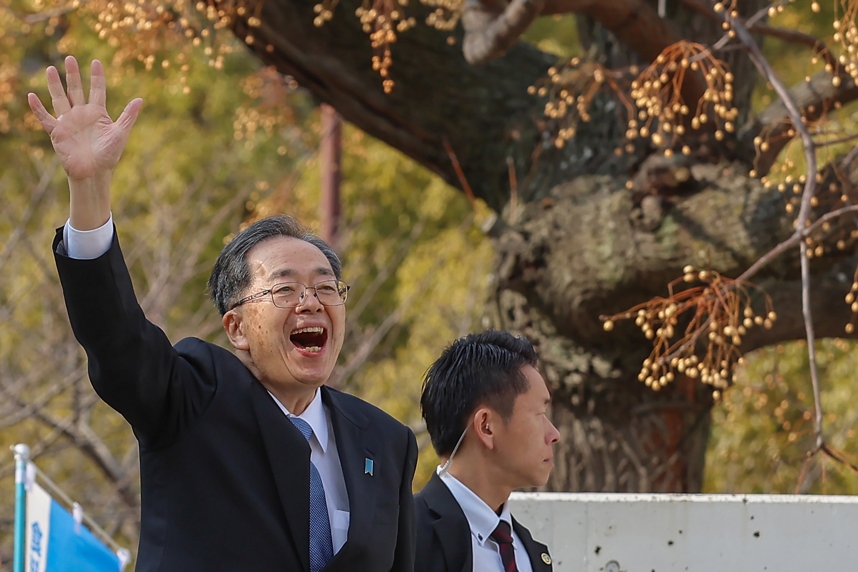 Tetsuo Saito, leader of Komeito, at an election campaign rally in Kobe on 27 January 2026