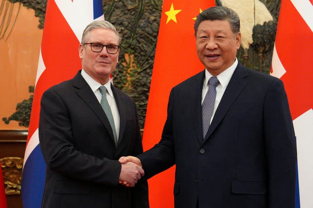 <p>Sir Keir Starmer shook hands with Xi Jinping ahead of a bilateral meeting in Beijing on Thursday</p>