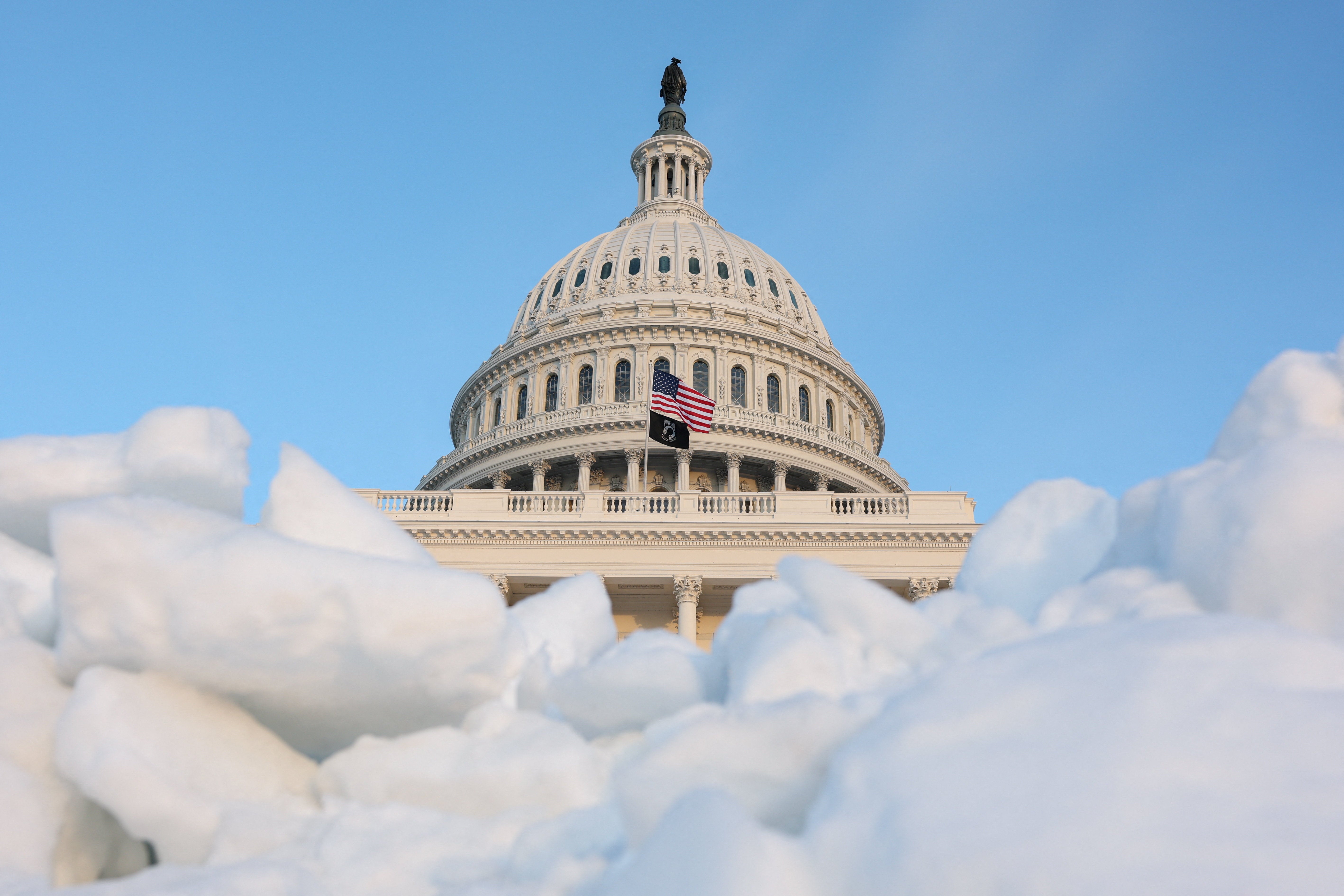 Snow and ice packed up in front of the Congress in Washington, D.C.