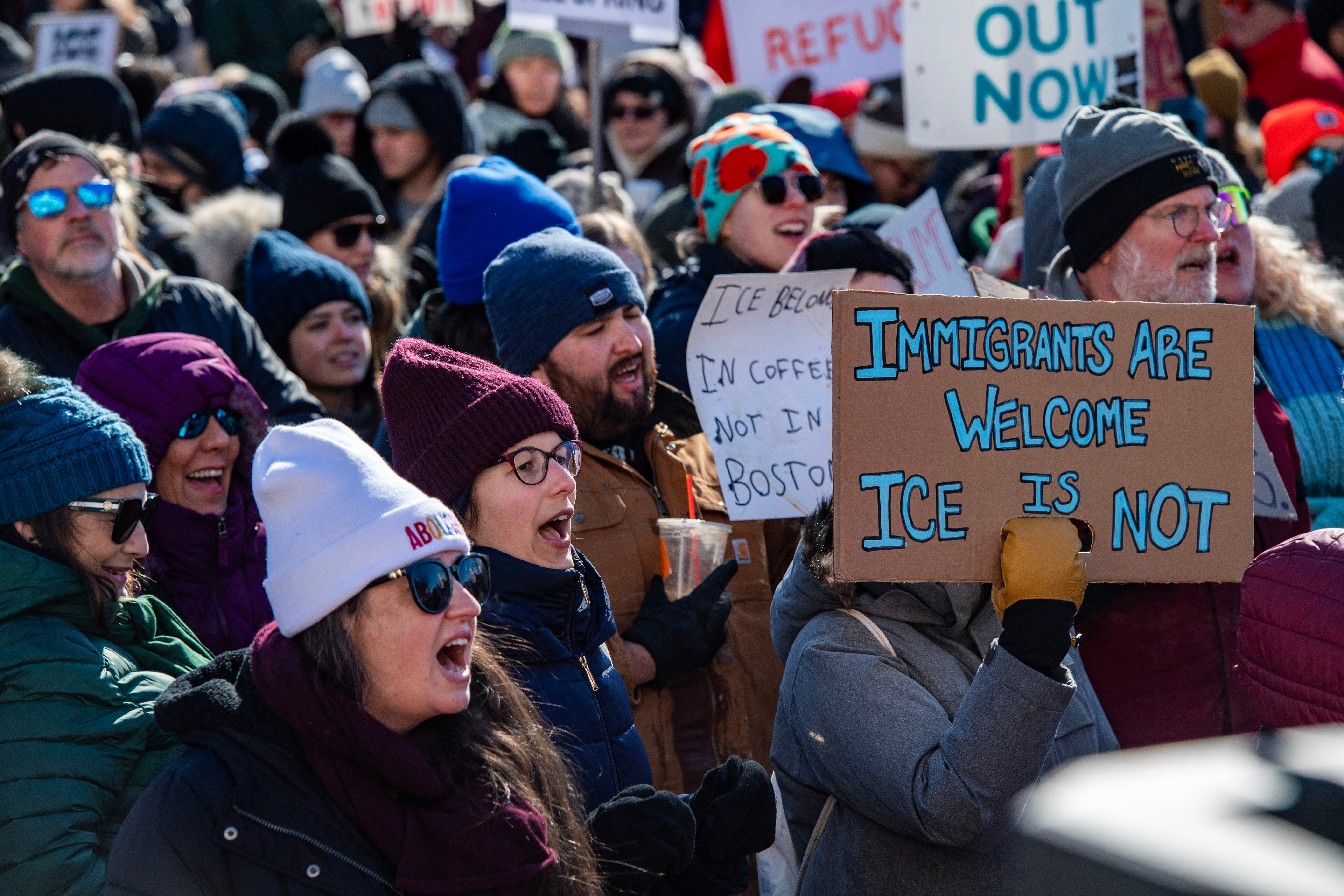 Anti-ICE protesters at a demonstration in Boston in January