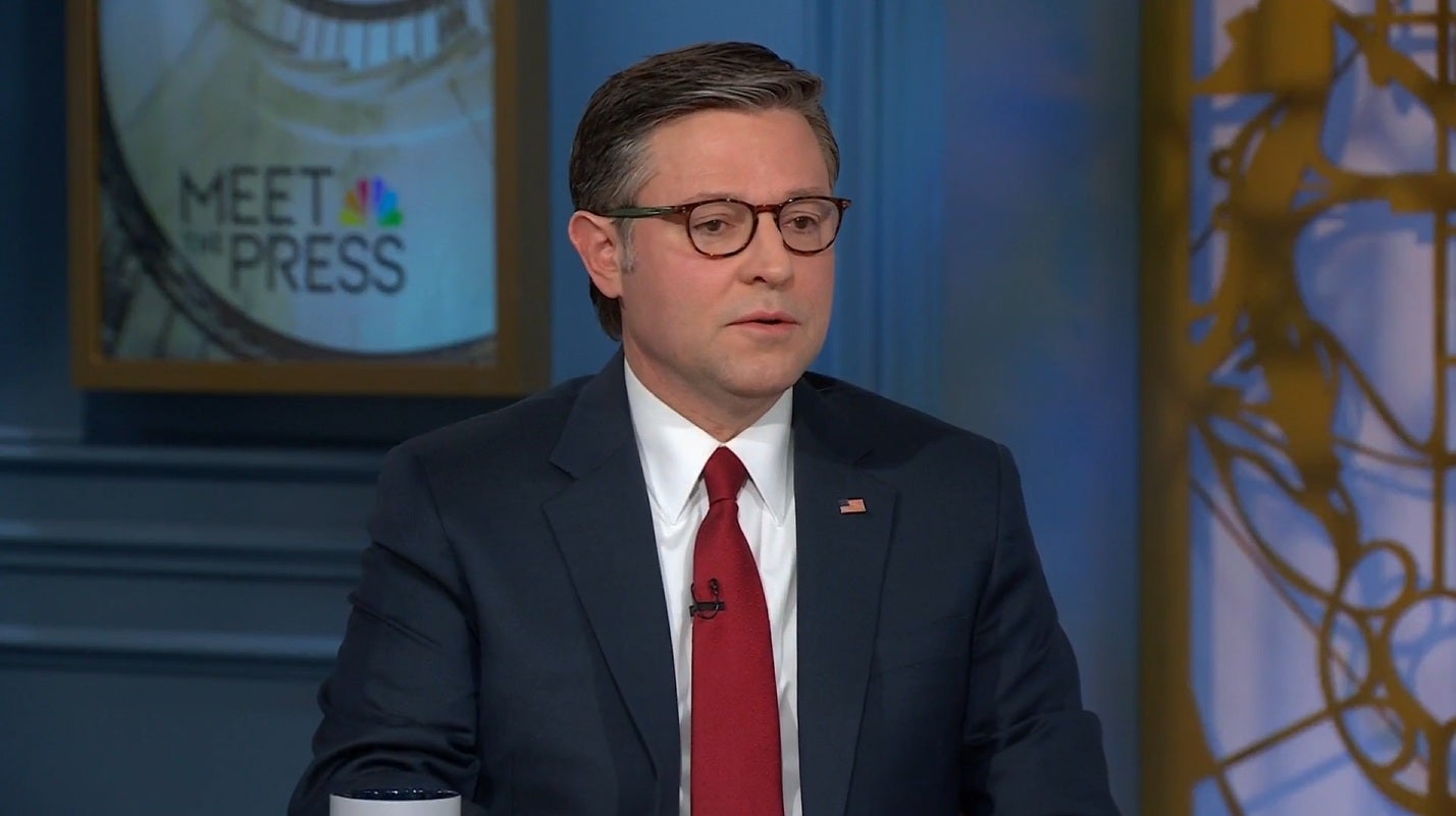 <p>Mike Johnson affirmed his support for Kristi Noem's continued leadership at DHS on Sunday</p>