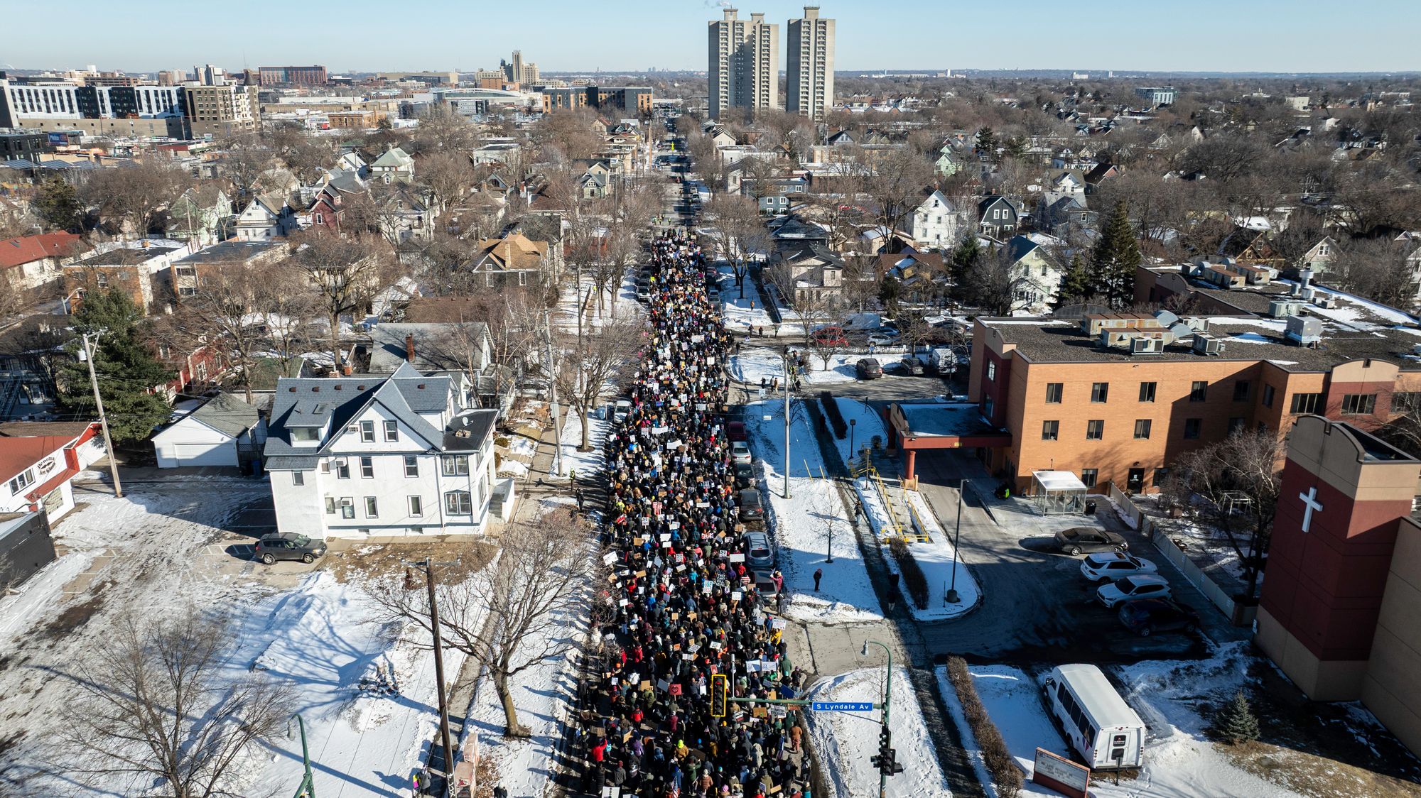 An aerial view of the march in Minneapolis on Saturday