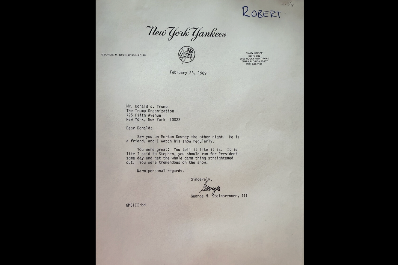 <p>A 1989 letter from New York Yankees owner George Steinbrenner III addressed to Donald Trump</p>