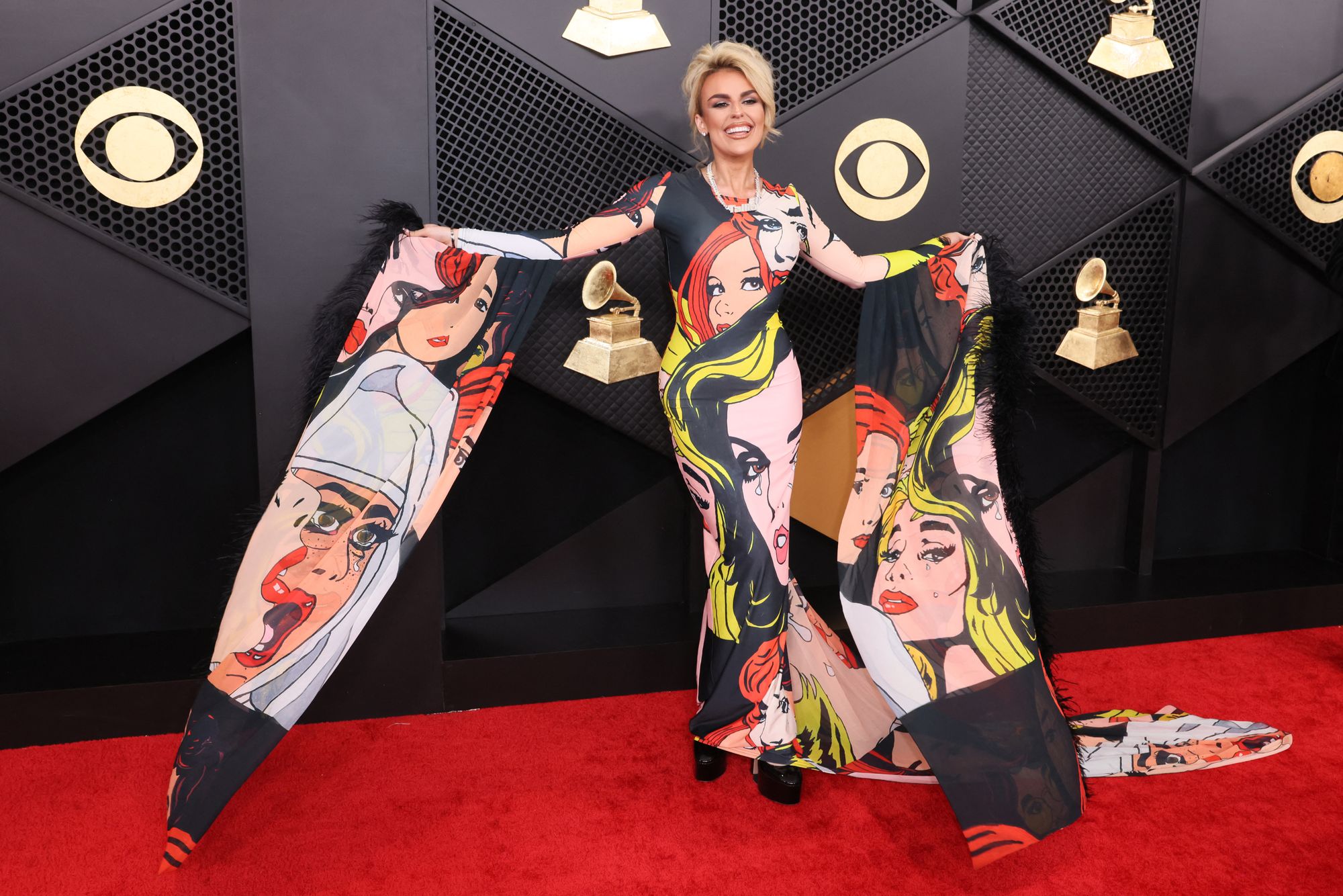 The Scottish singer walked the red carpet, appearing better suited for Comic-Con instead of the Grammys, with a gown covered in comic book panels