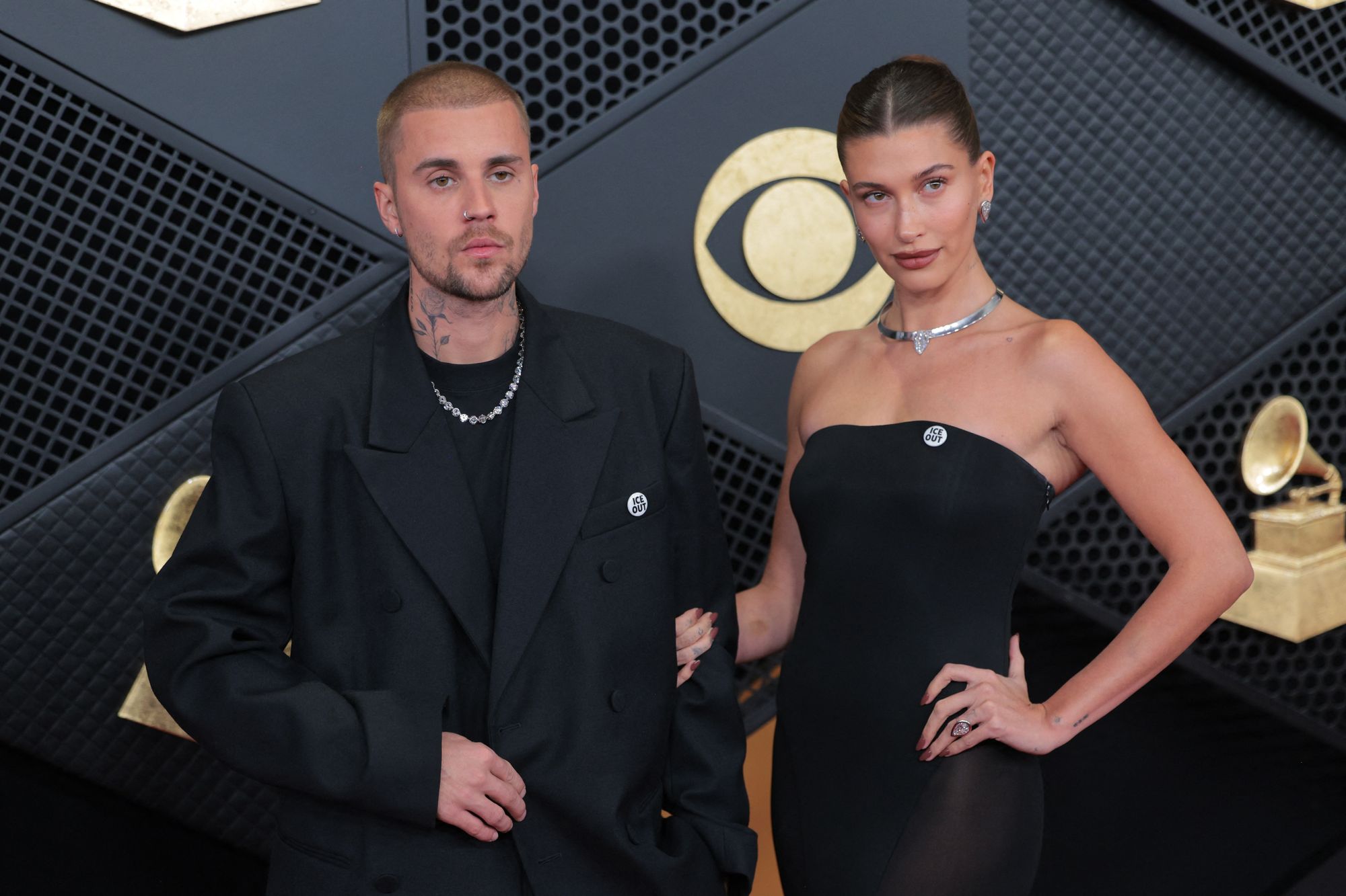 Justin and Hailey Bieber wore ‘ICE out’ pins at the Grammys
